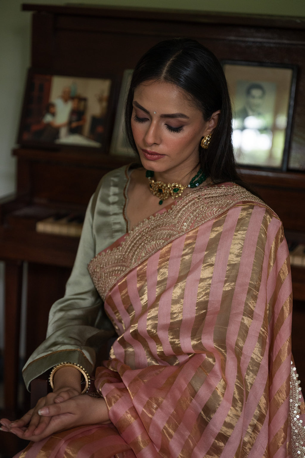 Nusrat Handloom Zari Stripe Saree in Rose Pink