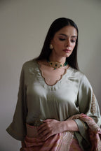 Ashok Scallop Blouse in Sage Green Silk