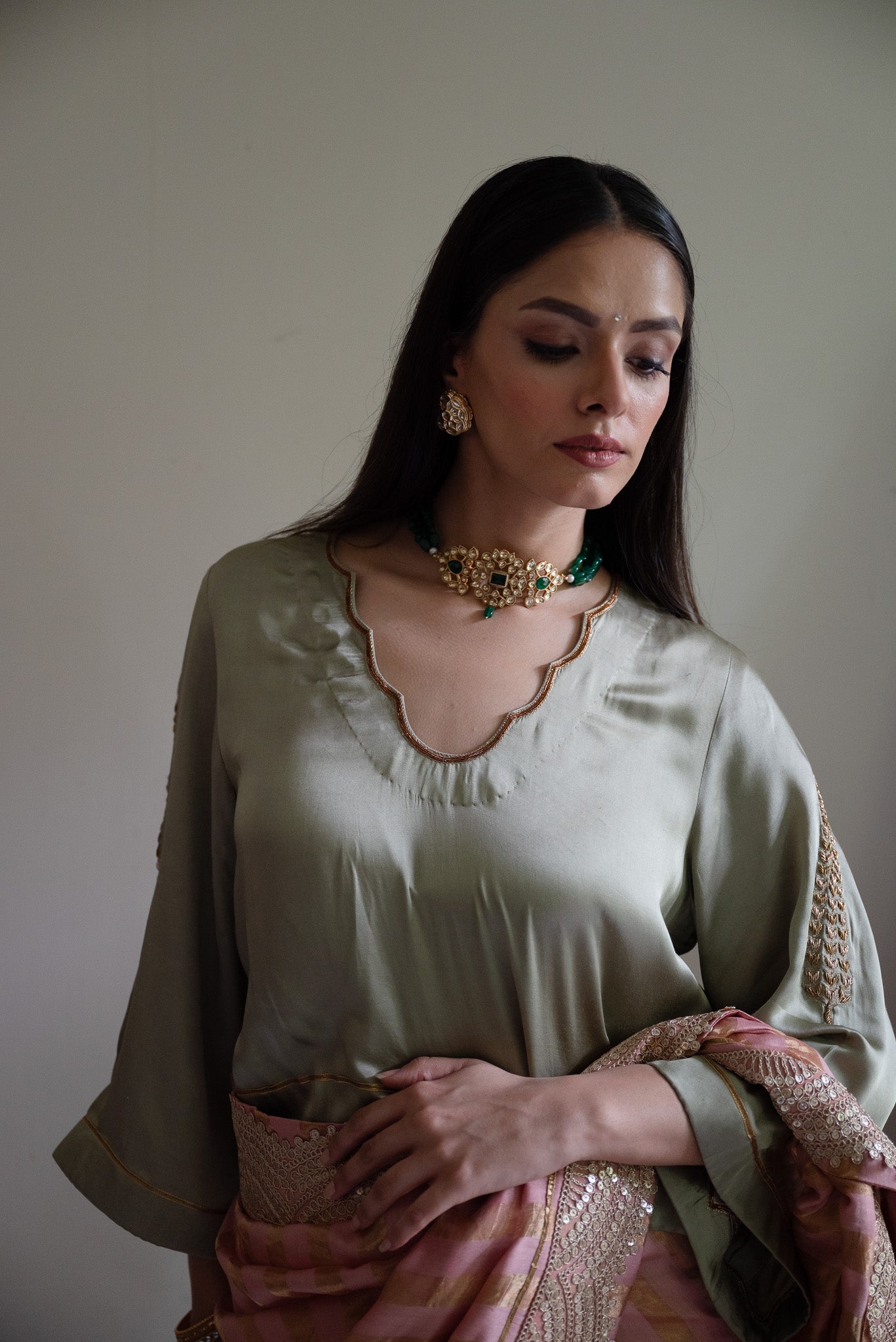 Ashok Scallop Blouse in Sage Green Silk