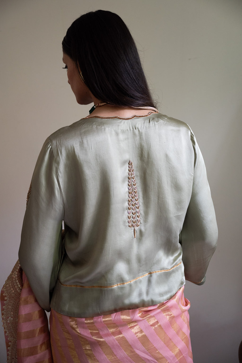 Ashok Scallop Blouse in Sage Green Silk