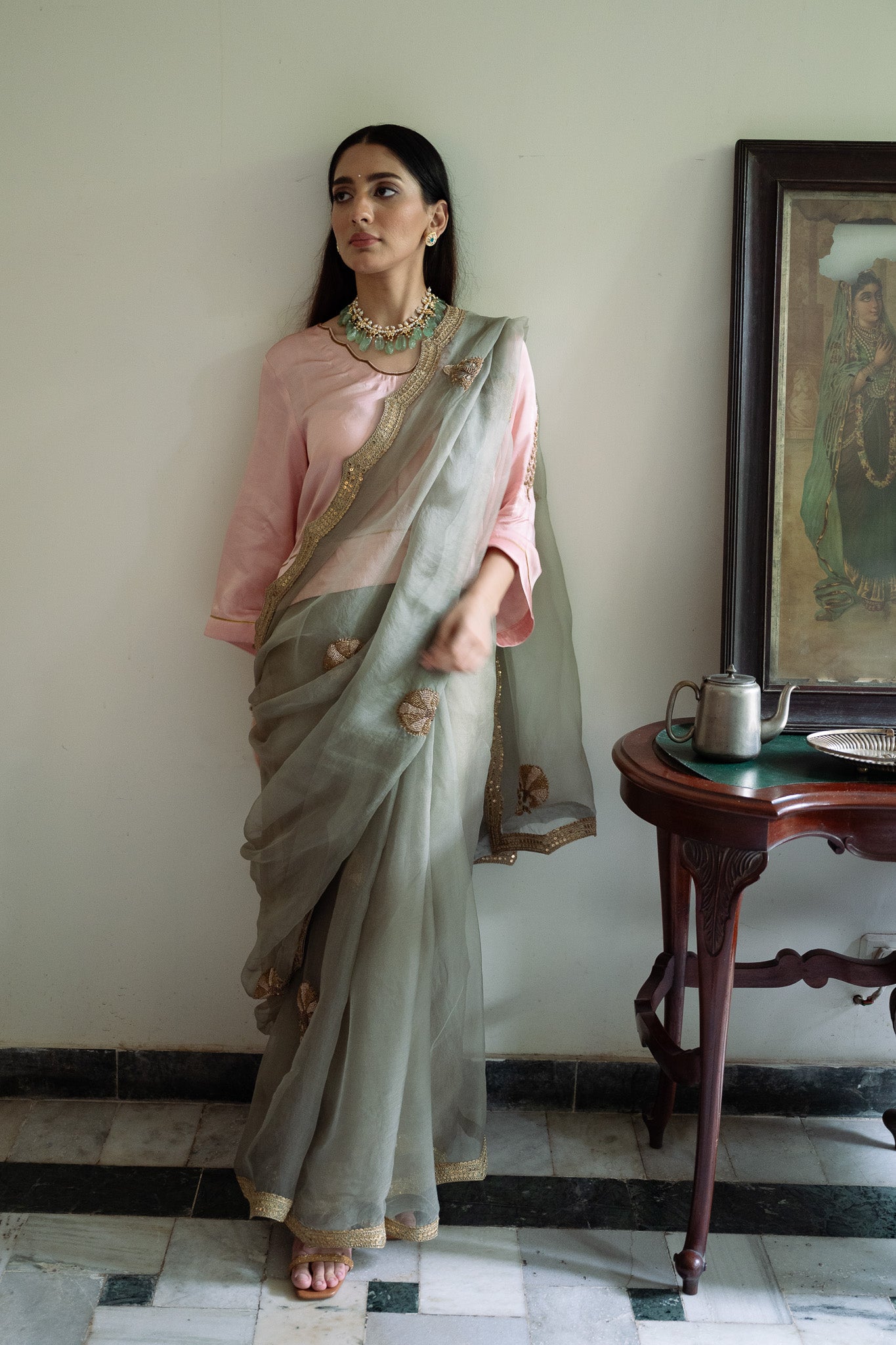 Nurjahan Organza Saree in Sage Green