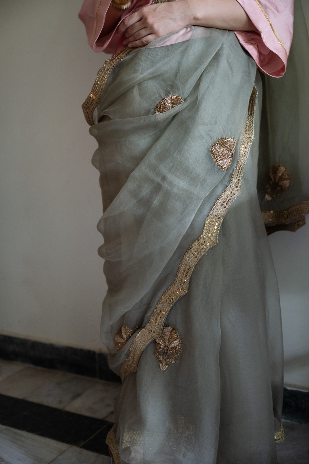 Nurjahan Organza Saree in Sage Green