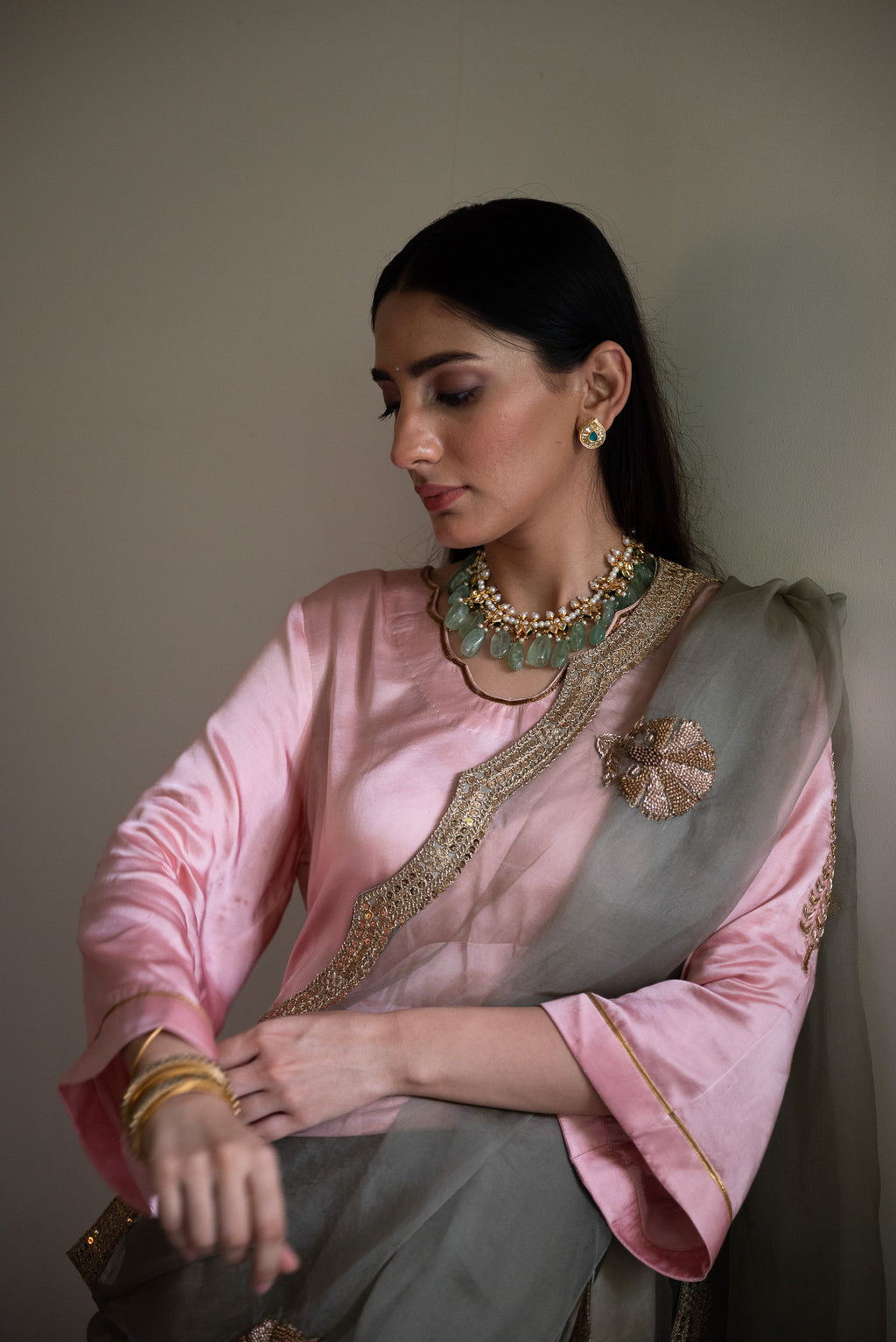 Nurjahan Organza Saree in Sage Green