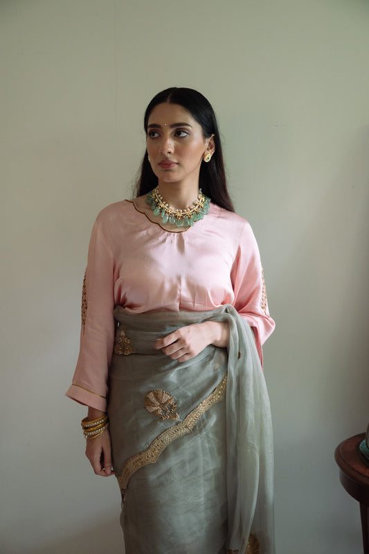 Ashok Scallop Blouse in Blush Pink Silk