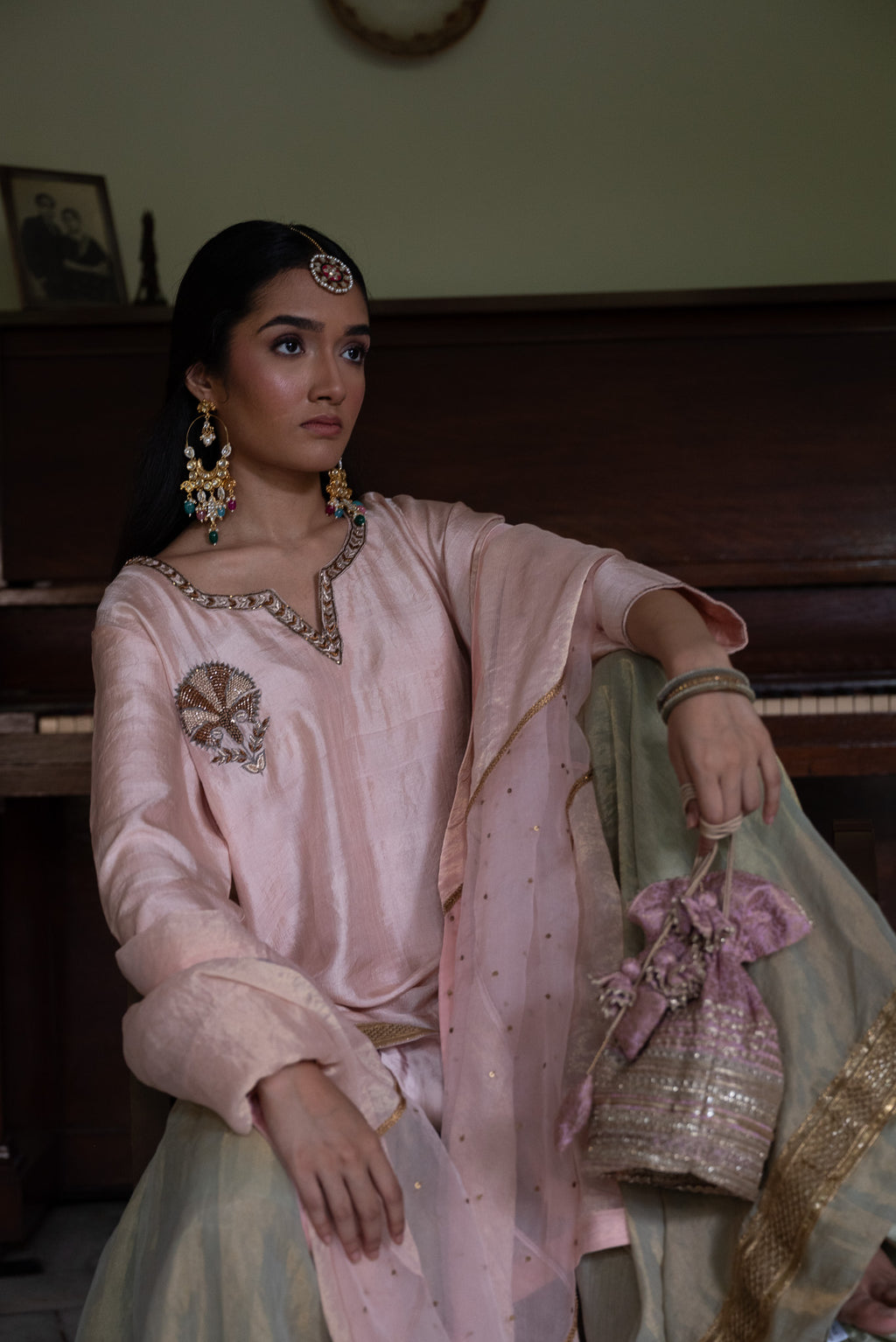 Anisha Kurta in Blush Pink with Pista Green Sharara