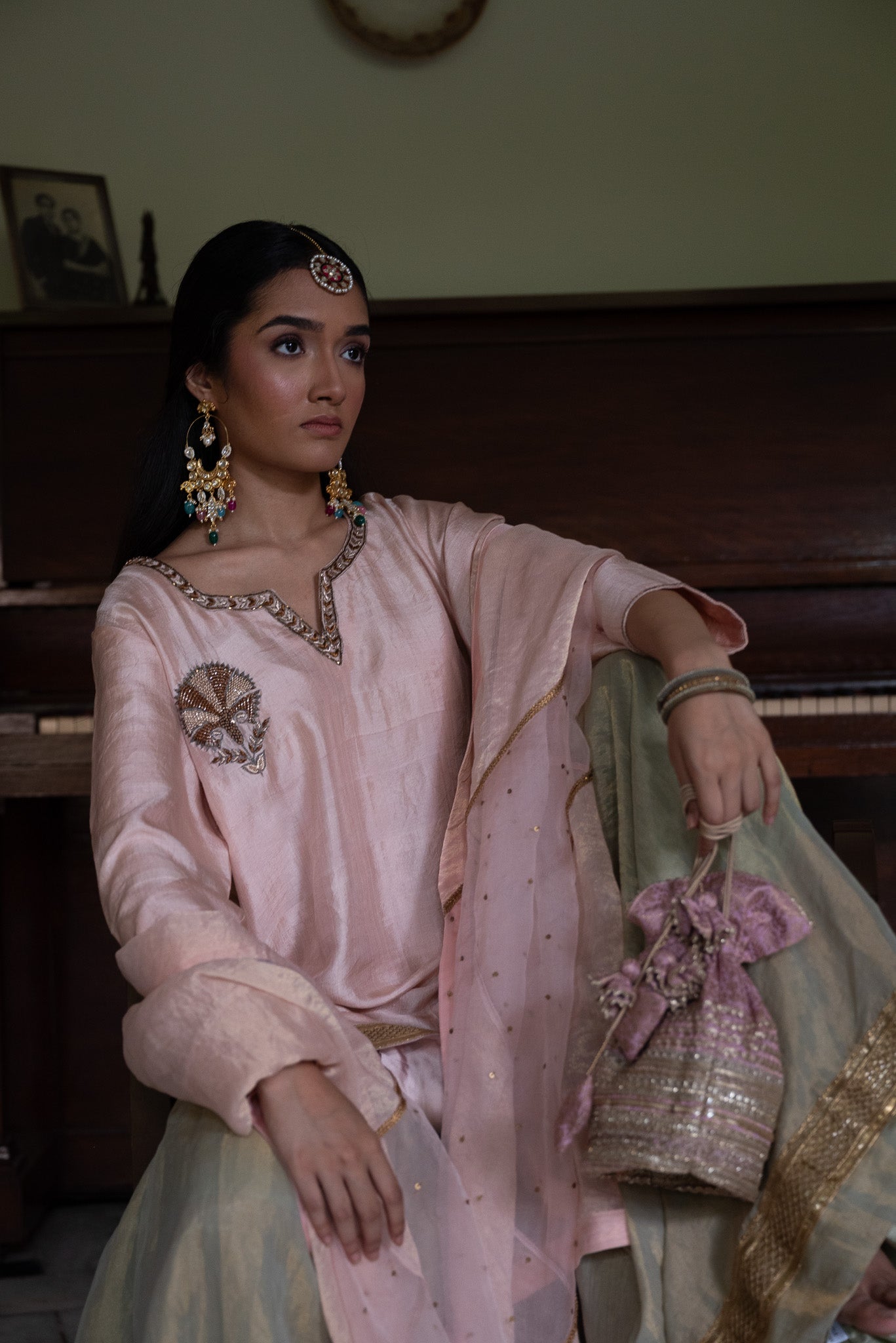 Anisha Kurta in Blush Pink with Pista Green Sharara