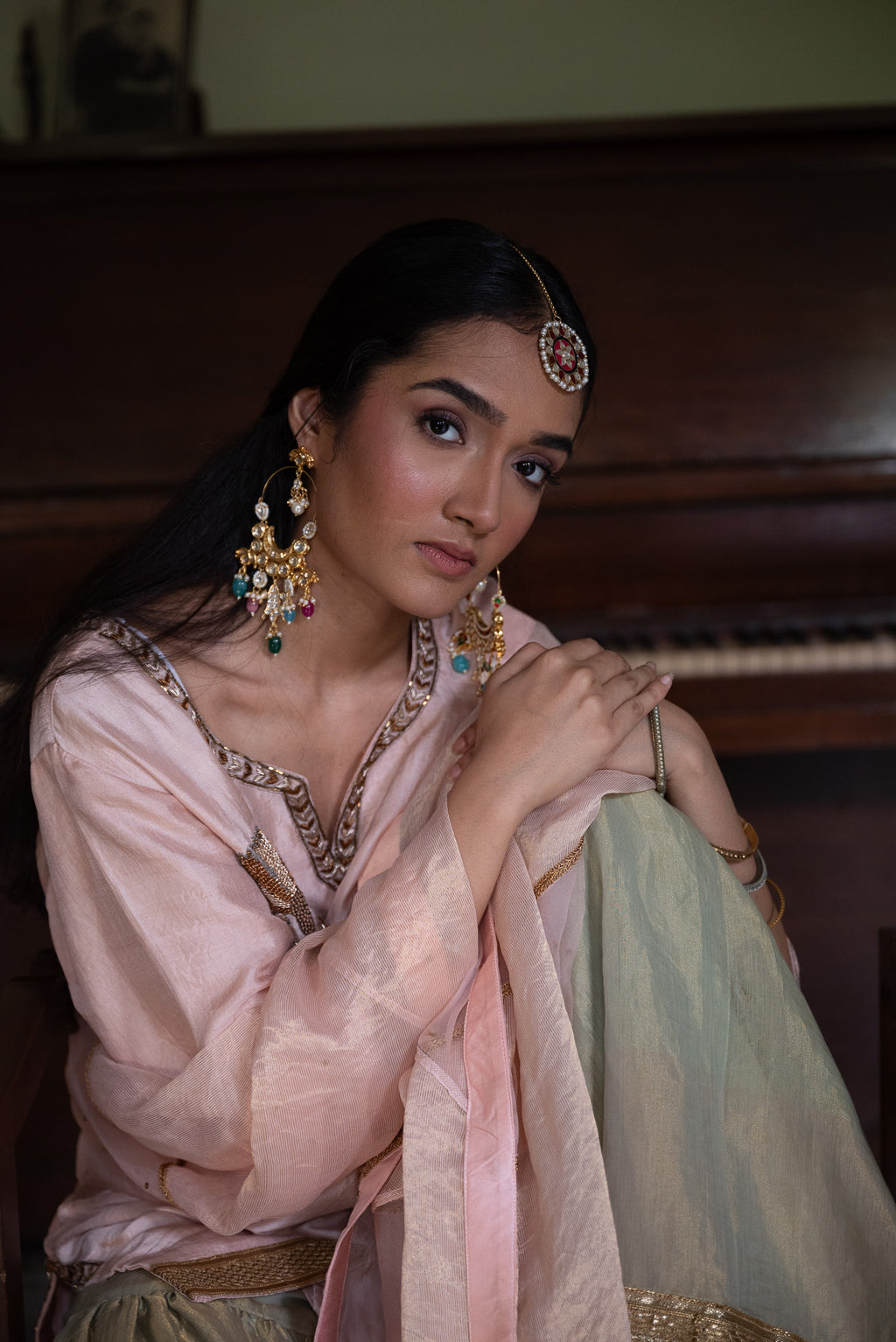 Anisha Kurta in Blush Pink with Pista Green Sharara