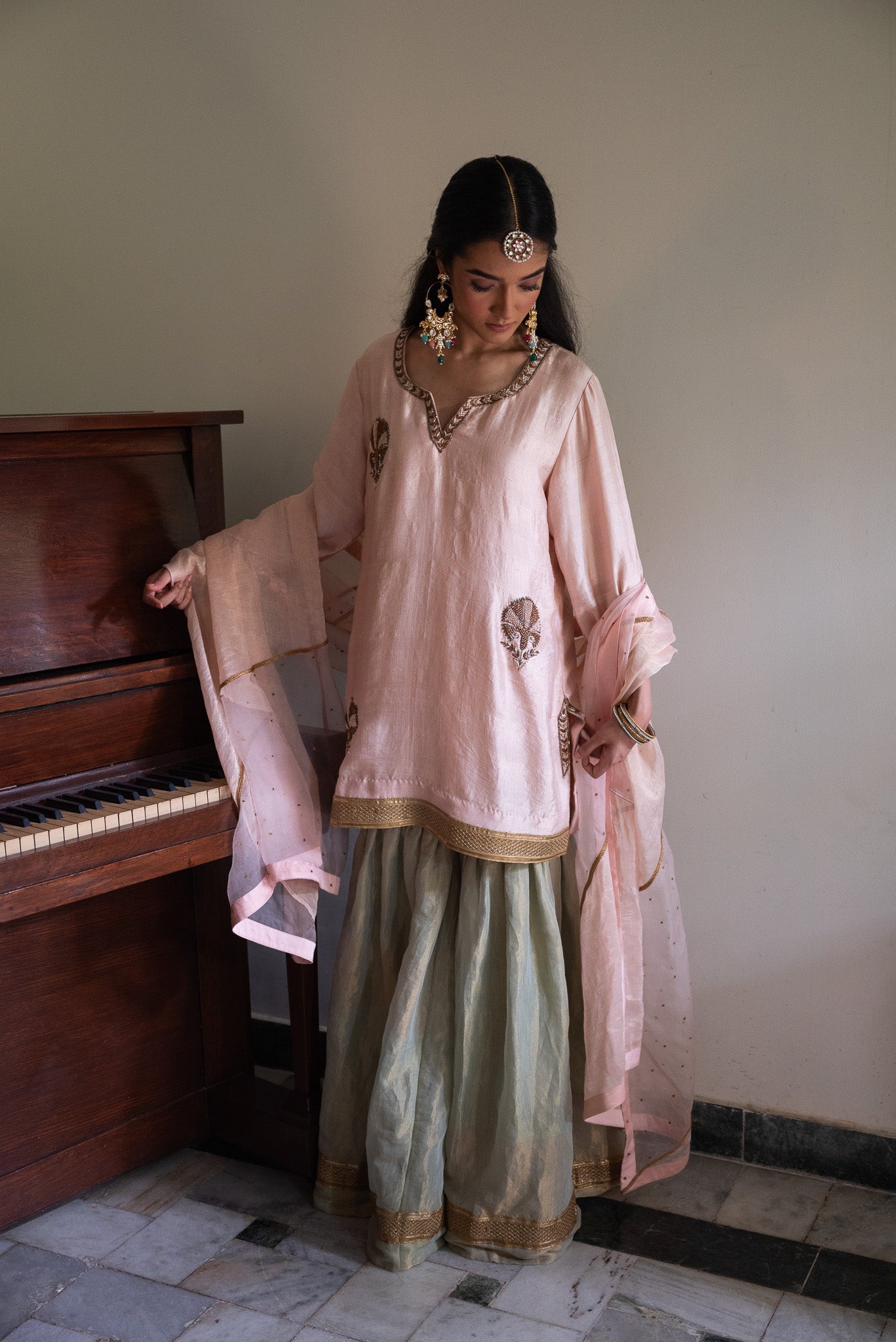 Anisha Kurta in Blush Pink with Pista Green Sharara