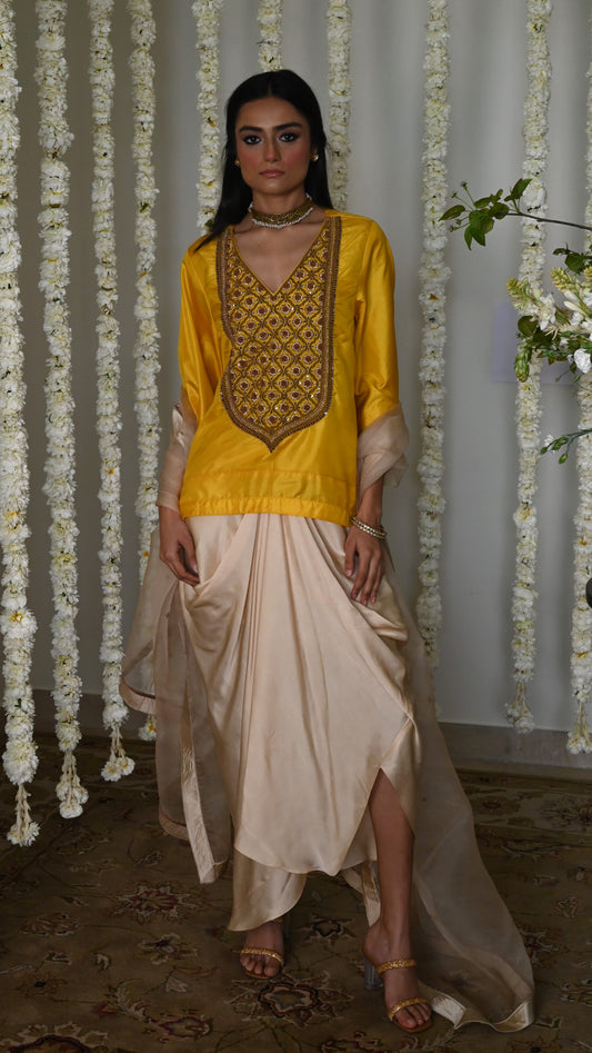 Noor Tunic in Yellow Silk with Deep Ivory Cowl Skirt