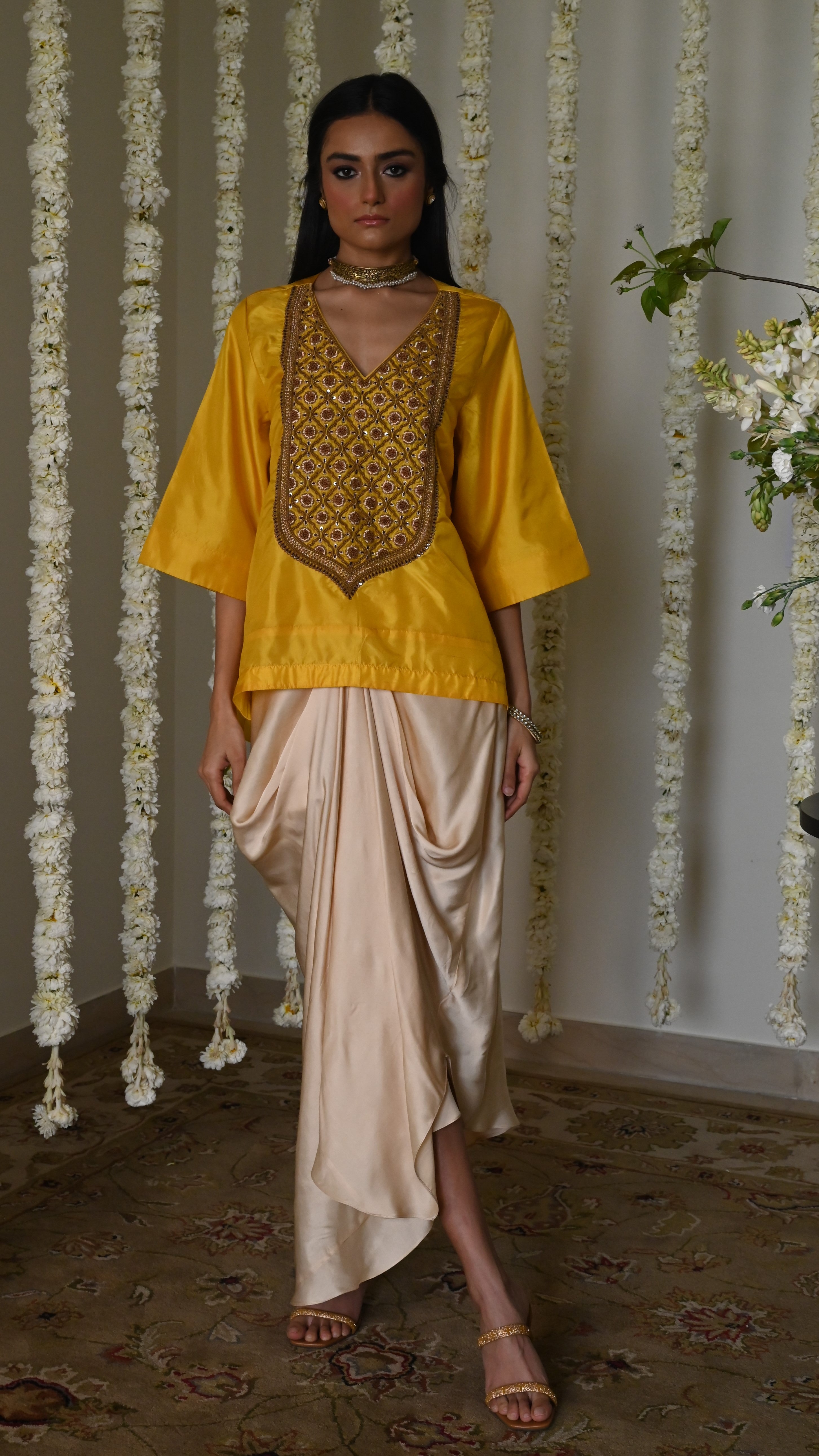 Noor Tunic in Yellow Silk with Deep Ivory Cowl Skirt