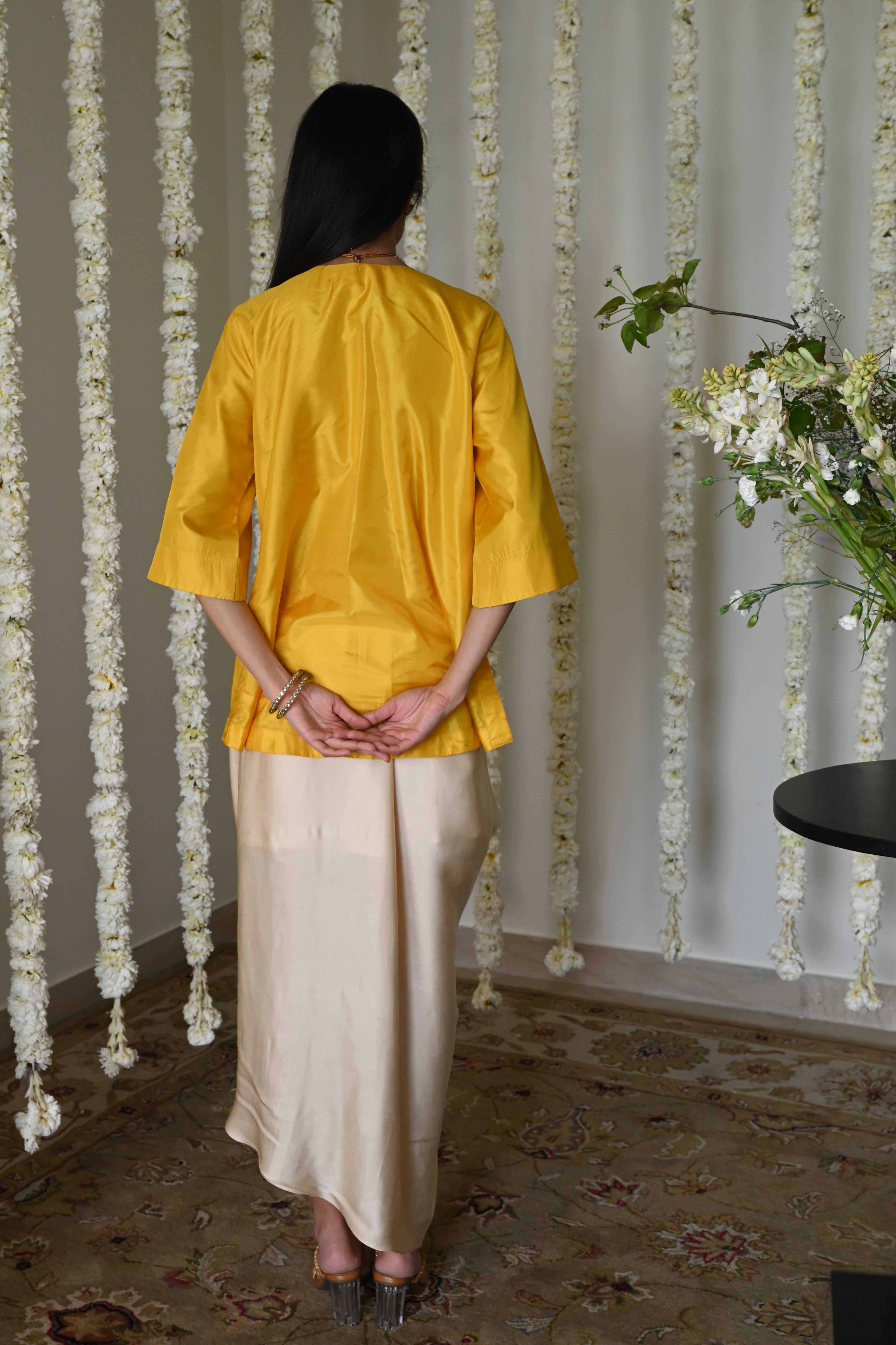 Noor Tunic in Yellow Silk with Deep Ivory Cowl Skirt