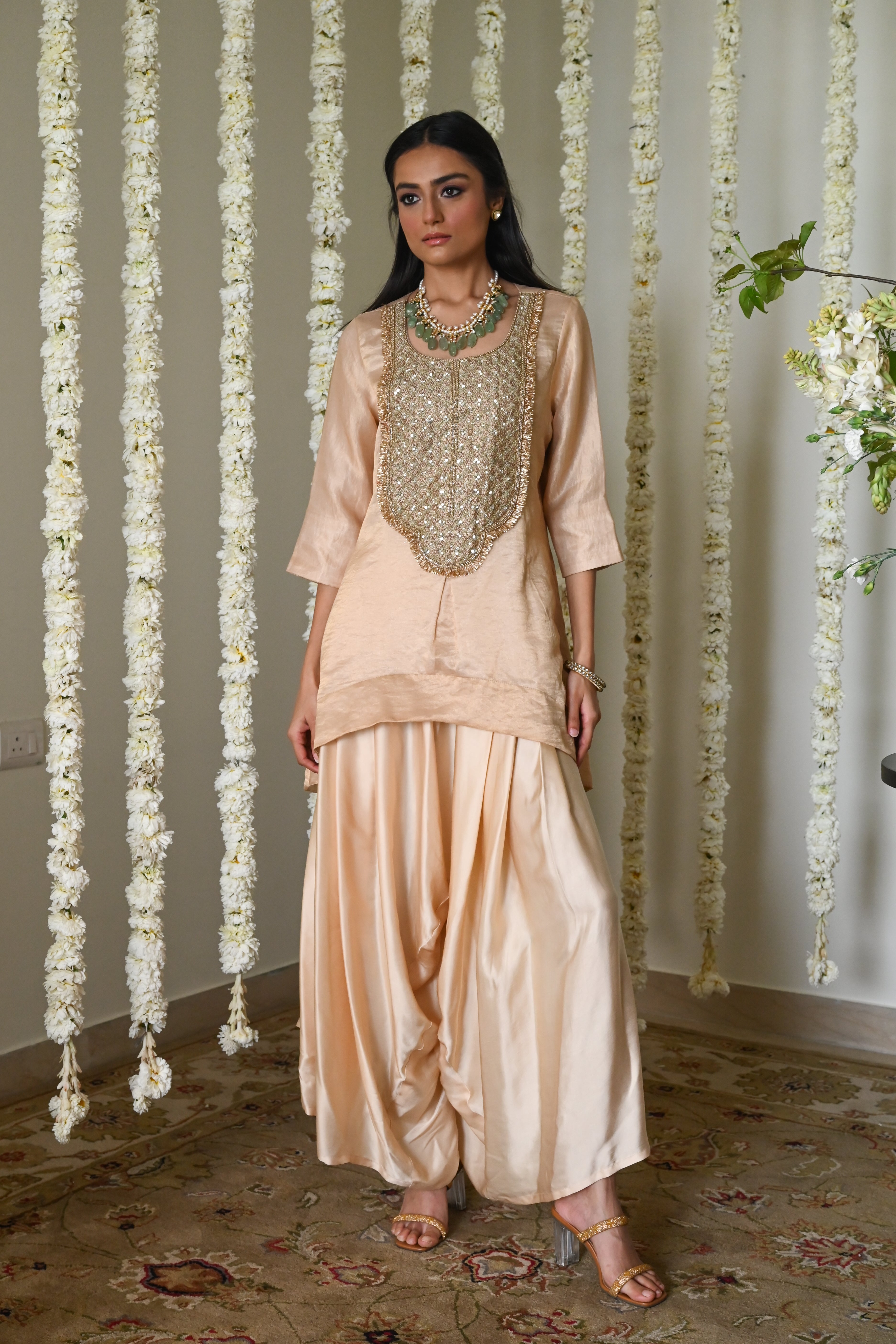 Rani Tunic in Deep Ivory with Deep Ivory Cowl Palazzo