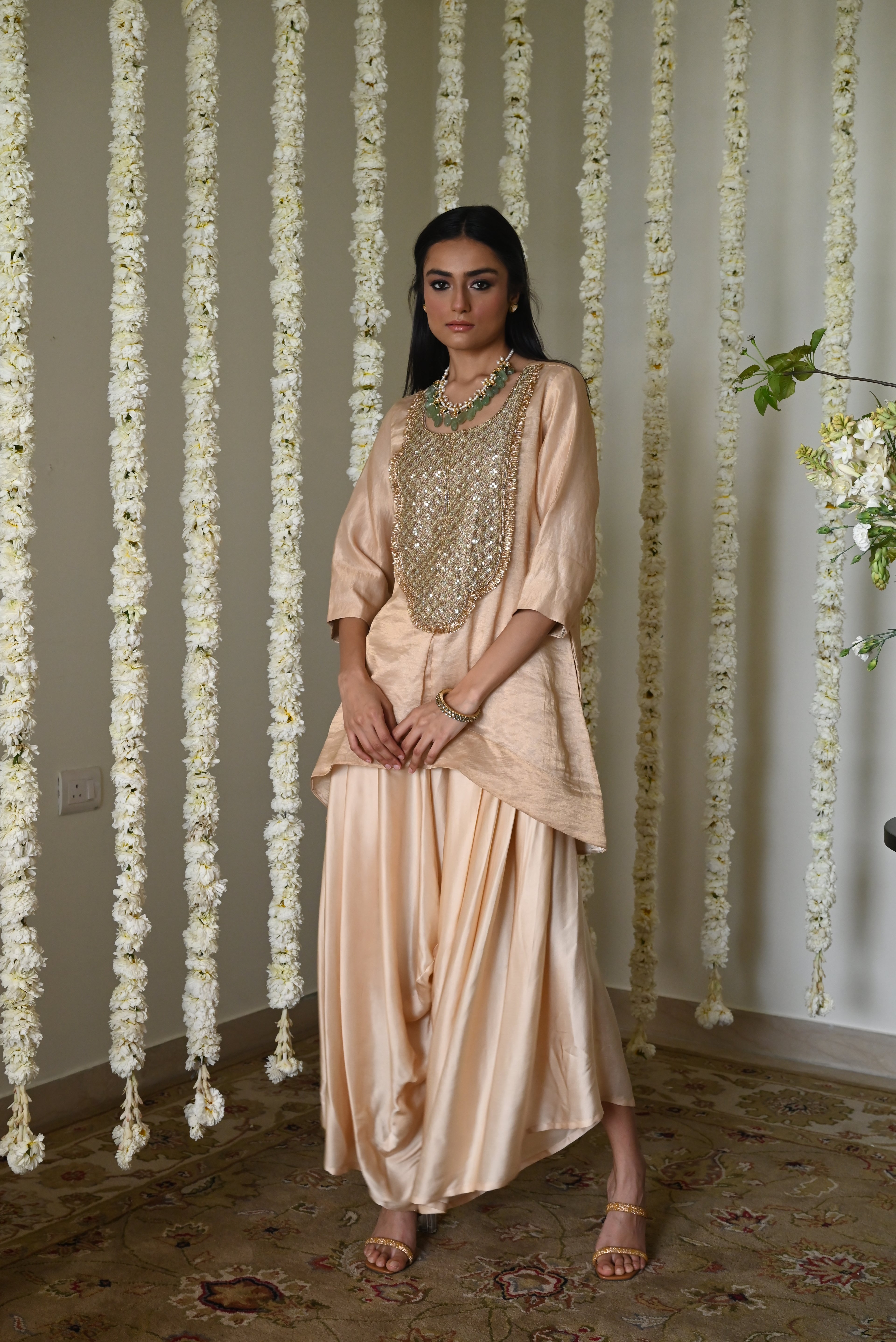 Rani Tunic in Deep Ivory with Deep Ivory Cowl Palazzo