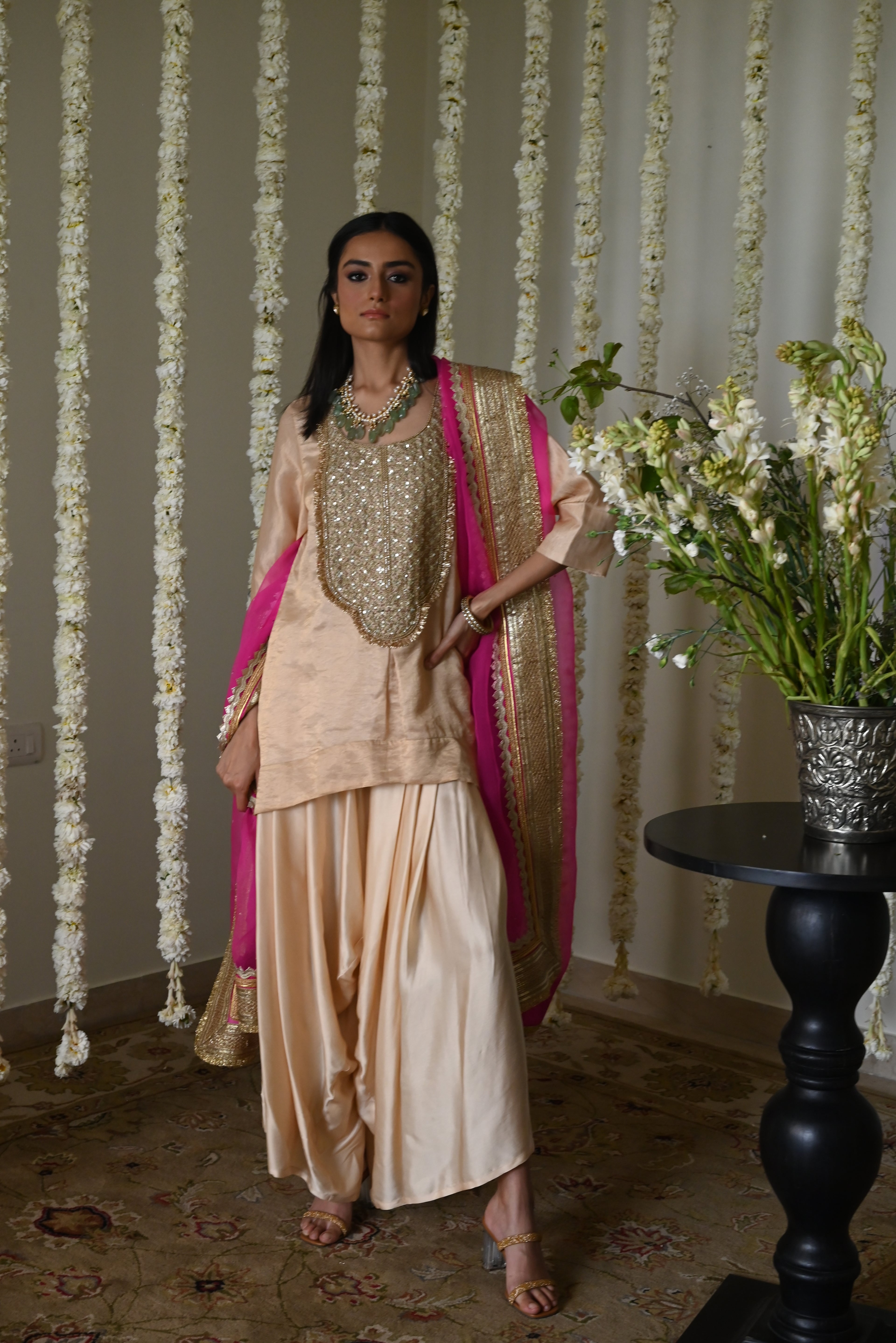 Rani Tunic in Deep Ivory with Deep Ivory Cowl Palazzo