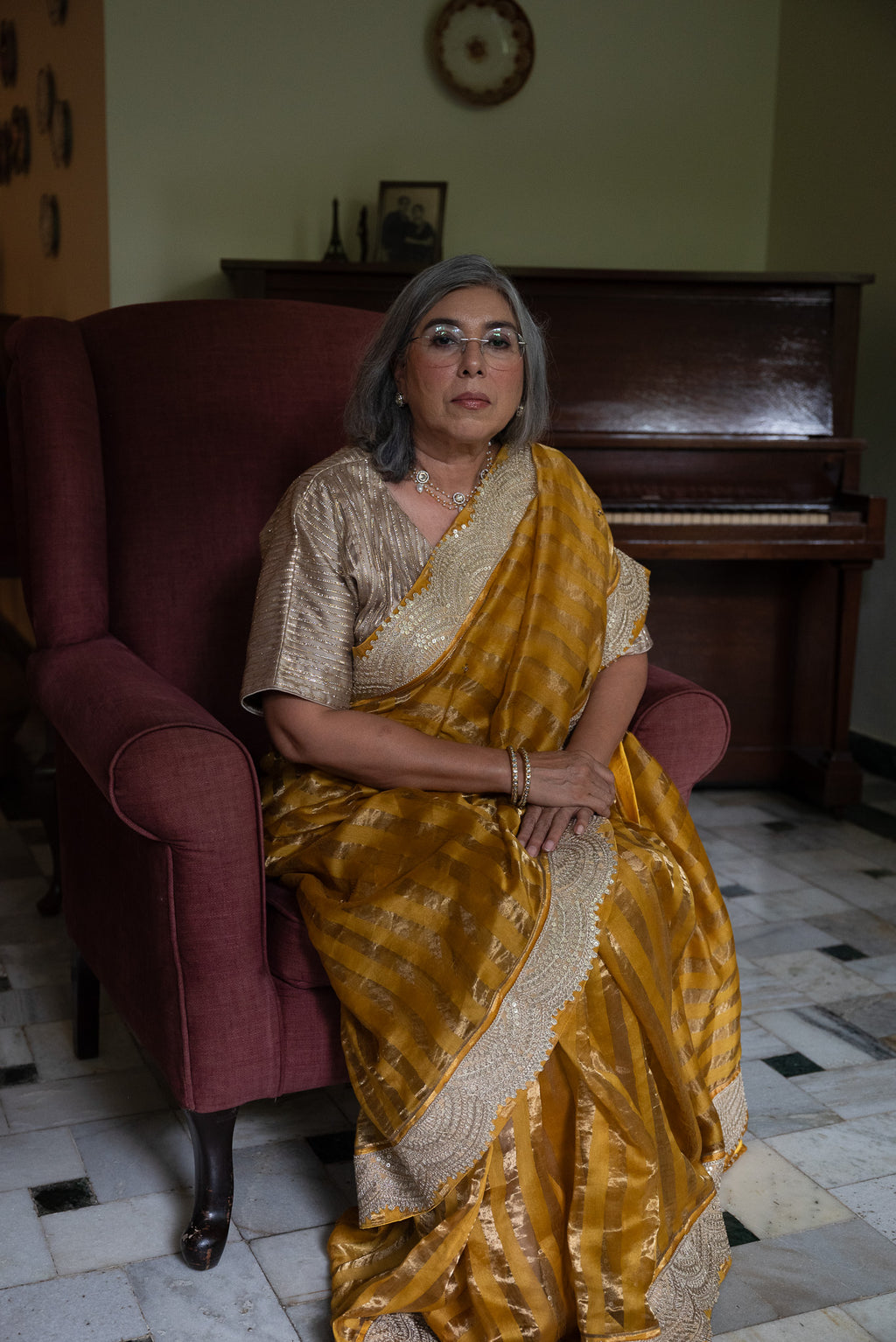 Nusrat Handloom Zari Stripe Saree in Yellow