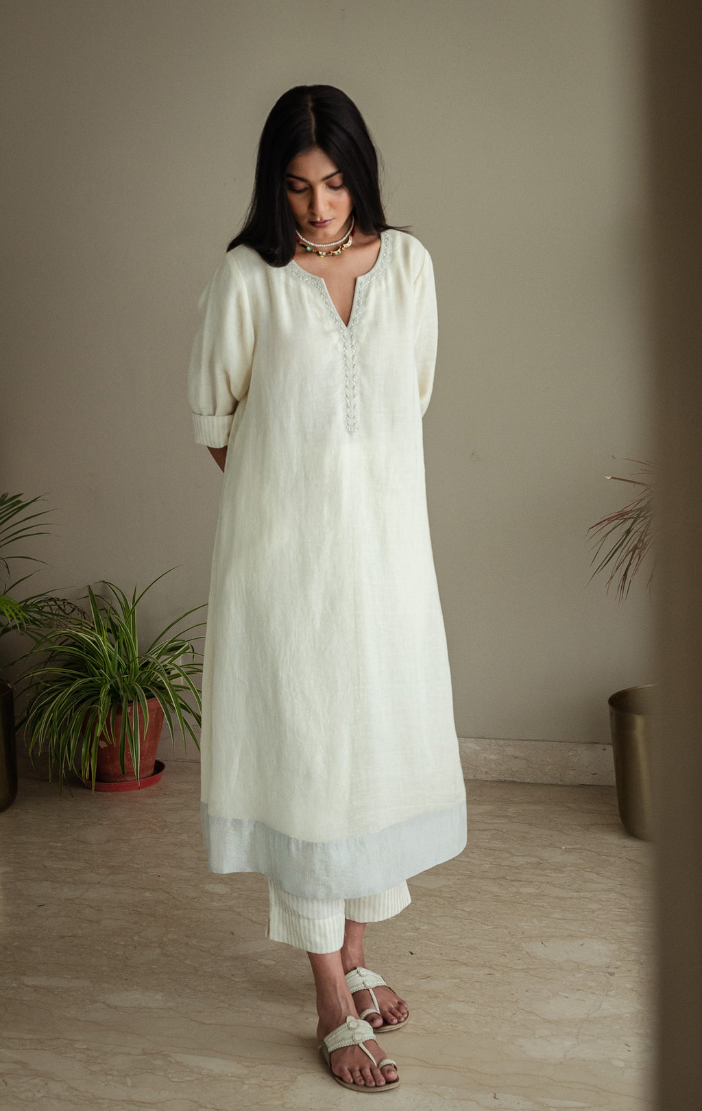 Mithai Maxi Kurta In Ivory Linen With Pants