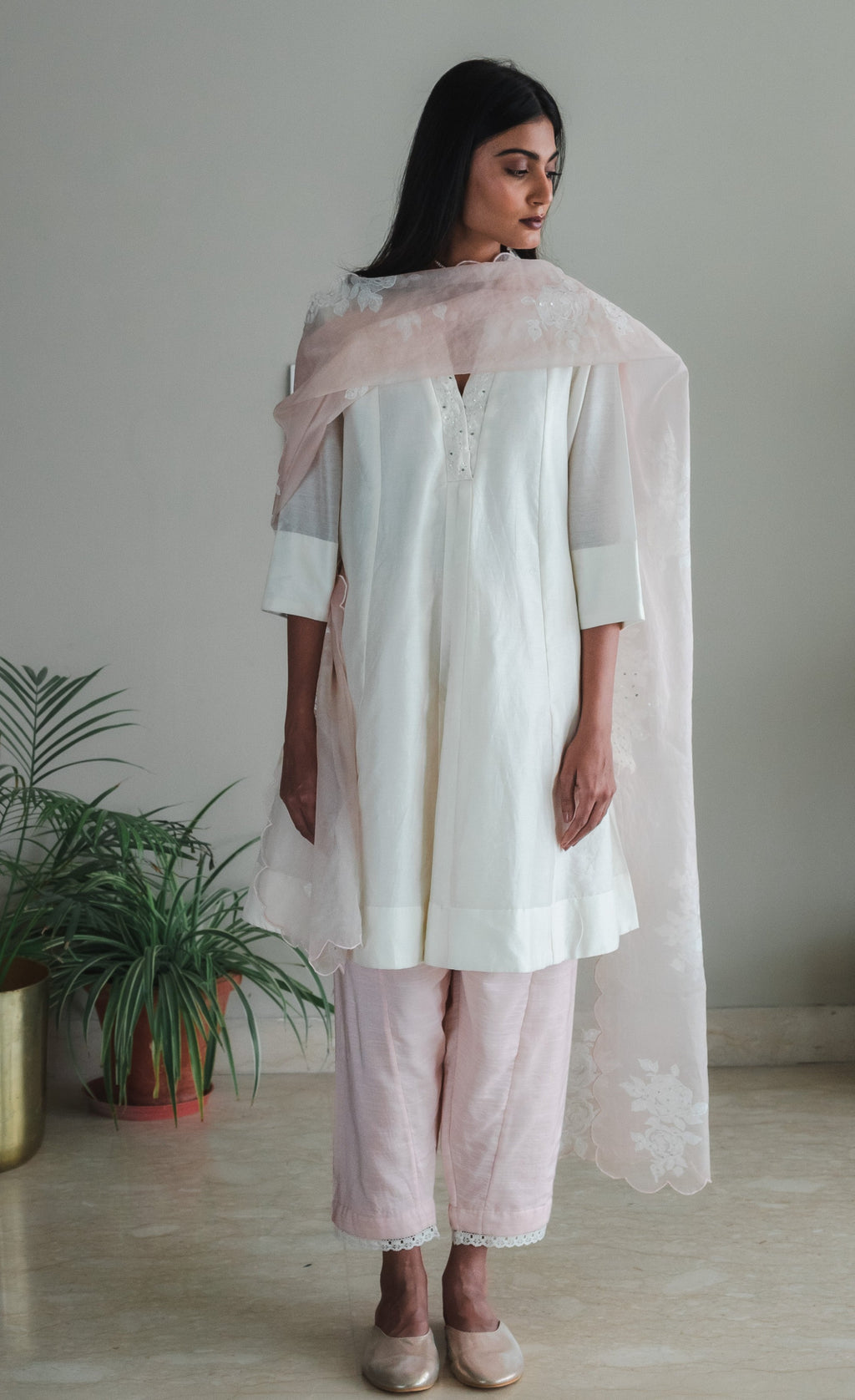 Mini Sashiko In Ivory Chanderi With Shalwar