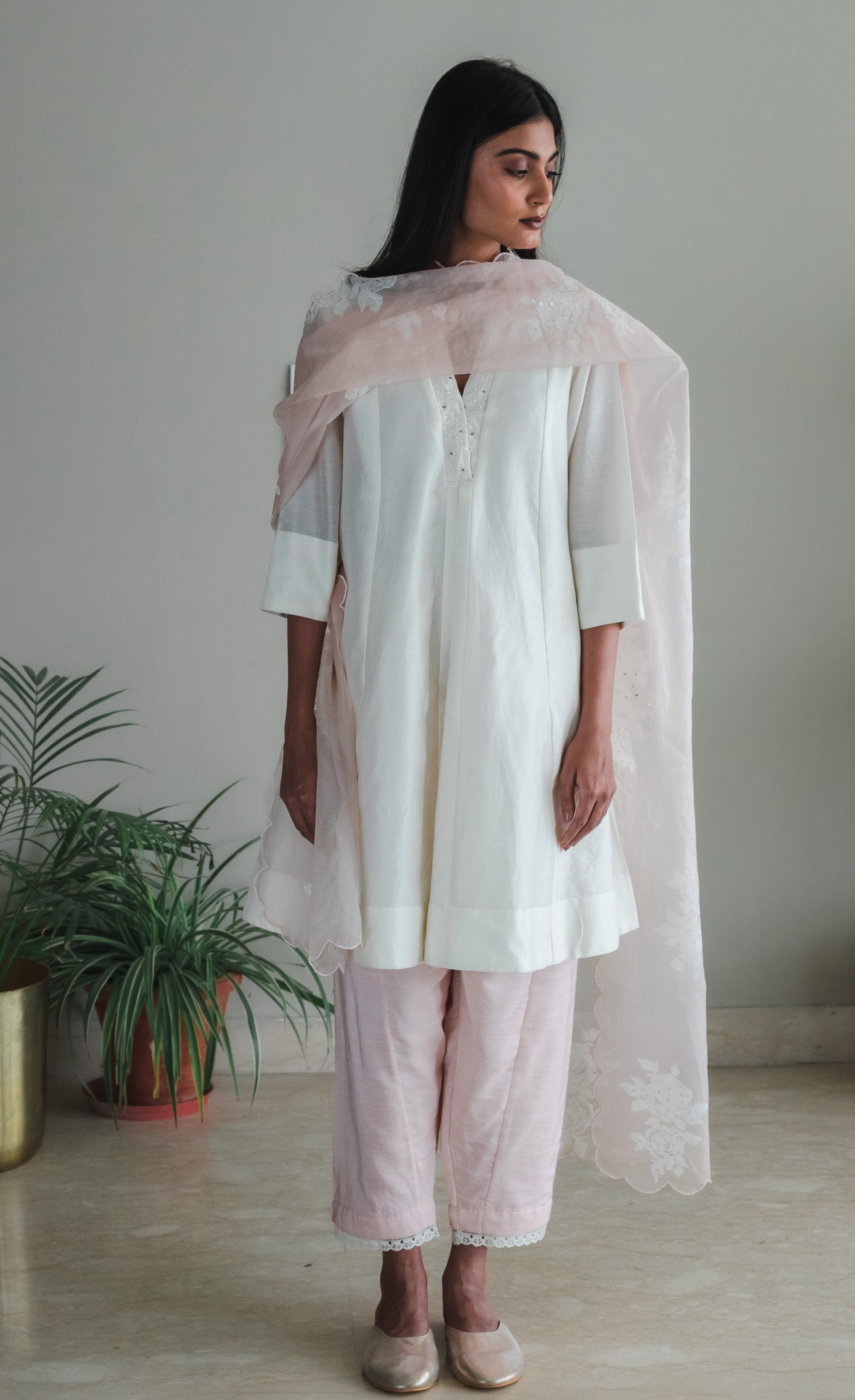 Mini Sashiko In Ivory Chanderi With Shalwar