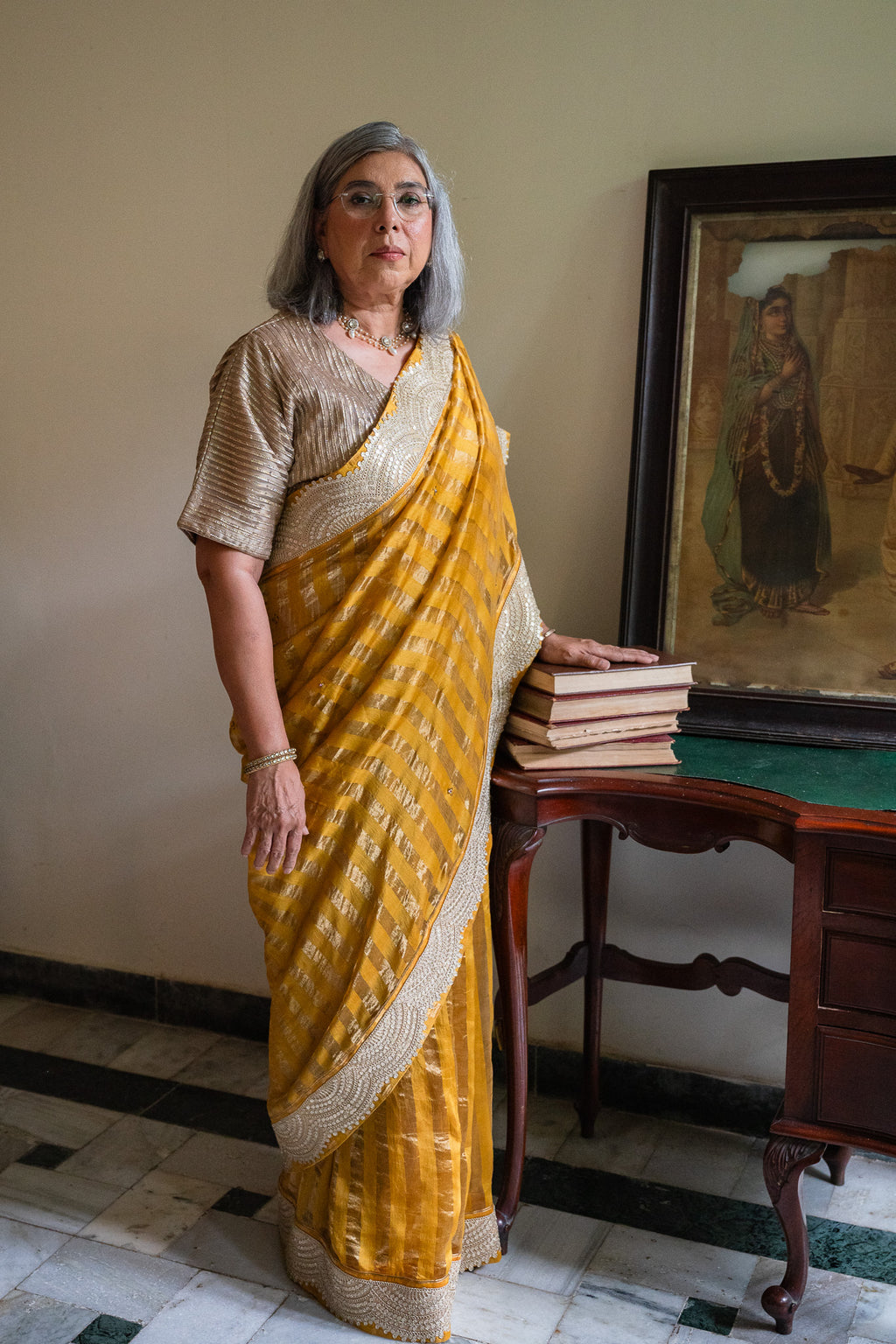 Nusrat Handloom Zari Stripe Saree in Yellow