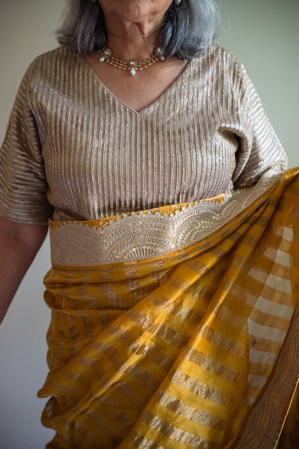 Nusrat Handloom Zari Stripe Saree in Yellow