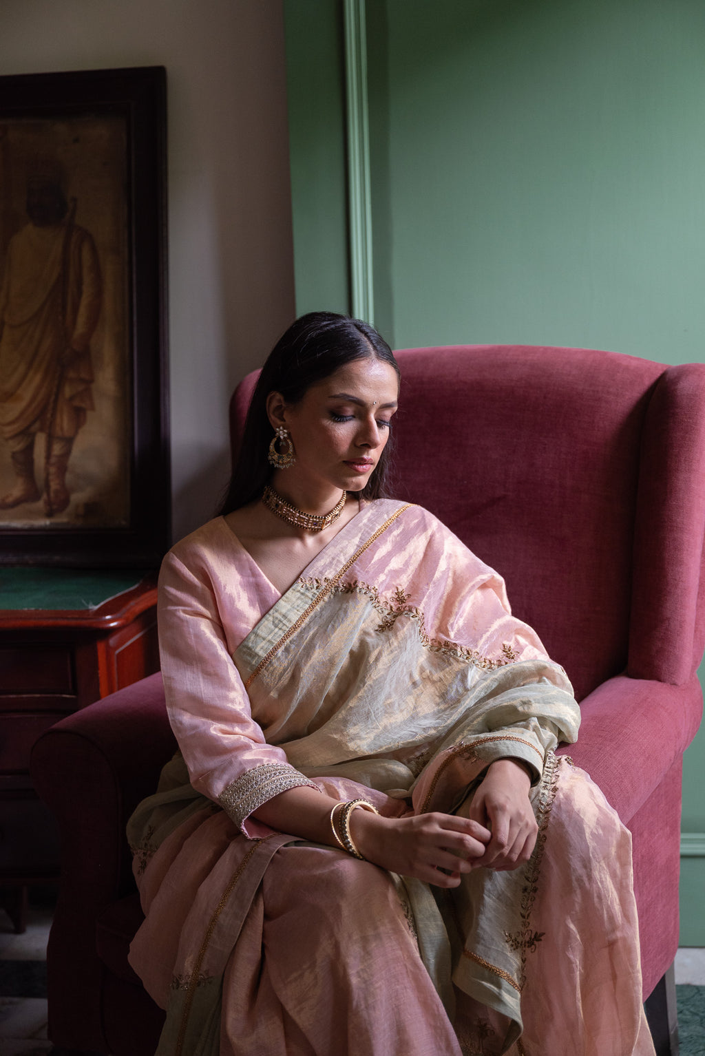 Chinaar Diagonal Saree in Pink & Pista Green Tissue