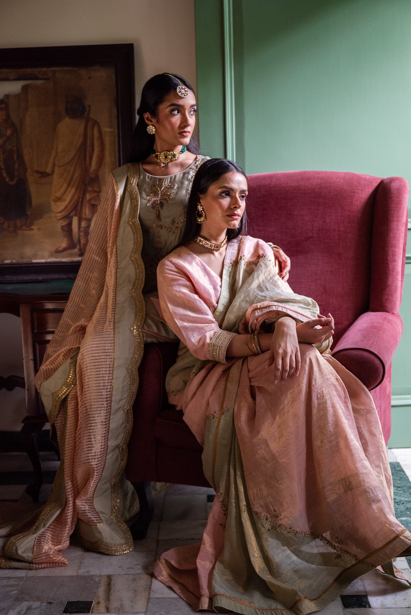 Chinaar Diagonal Saree in Pink & Pista Green Tissue