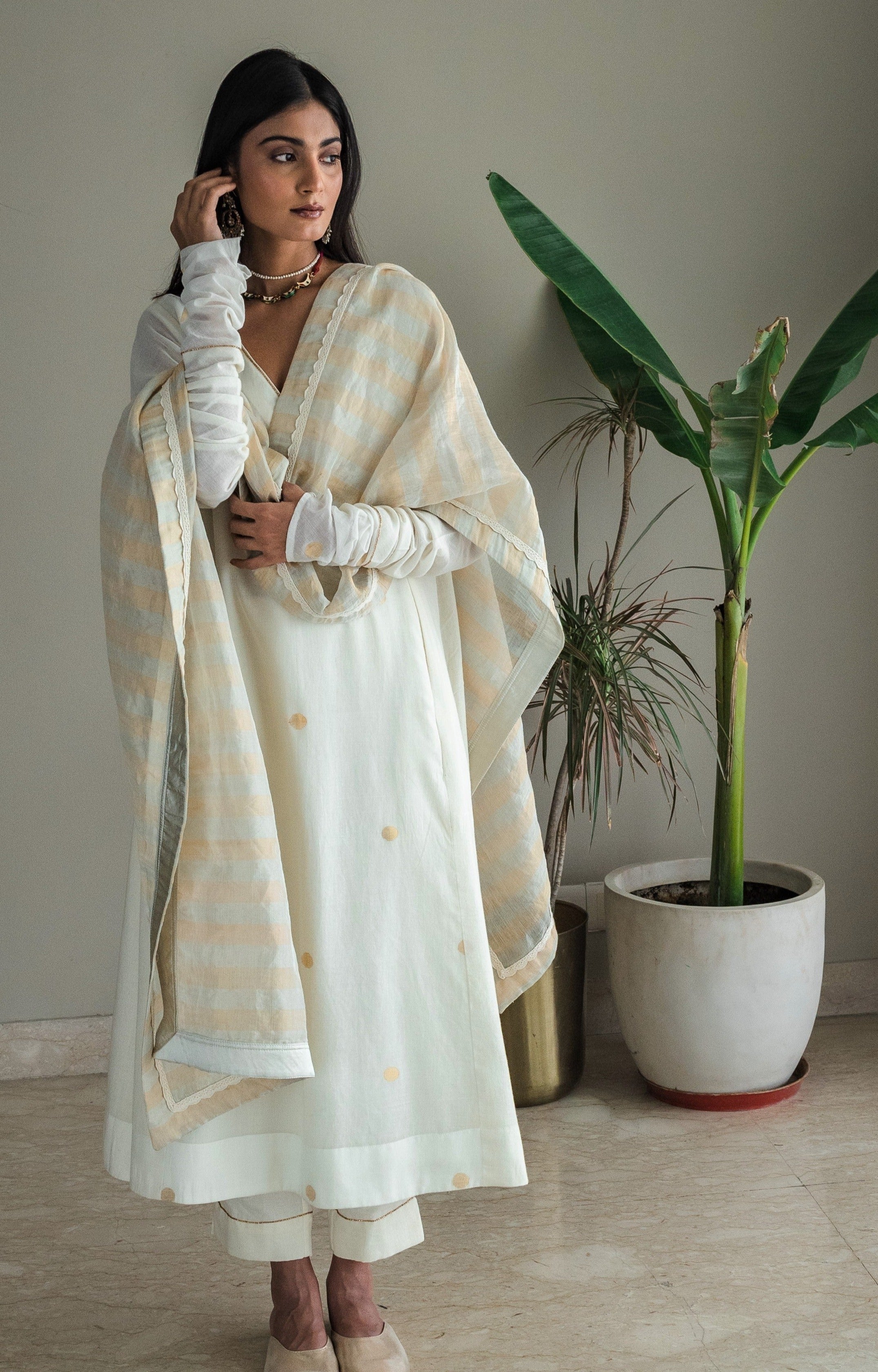 Churi Anu In Ivory Jamdani Muslin With Pants
