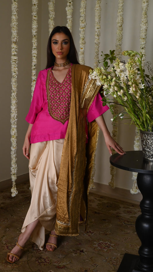 Noor Tunic in Hot Pink Silk with Deep Ivory Cowl Skirt