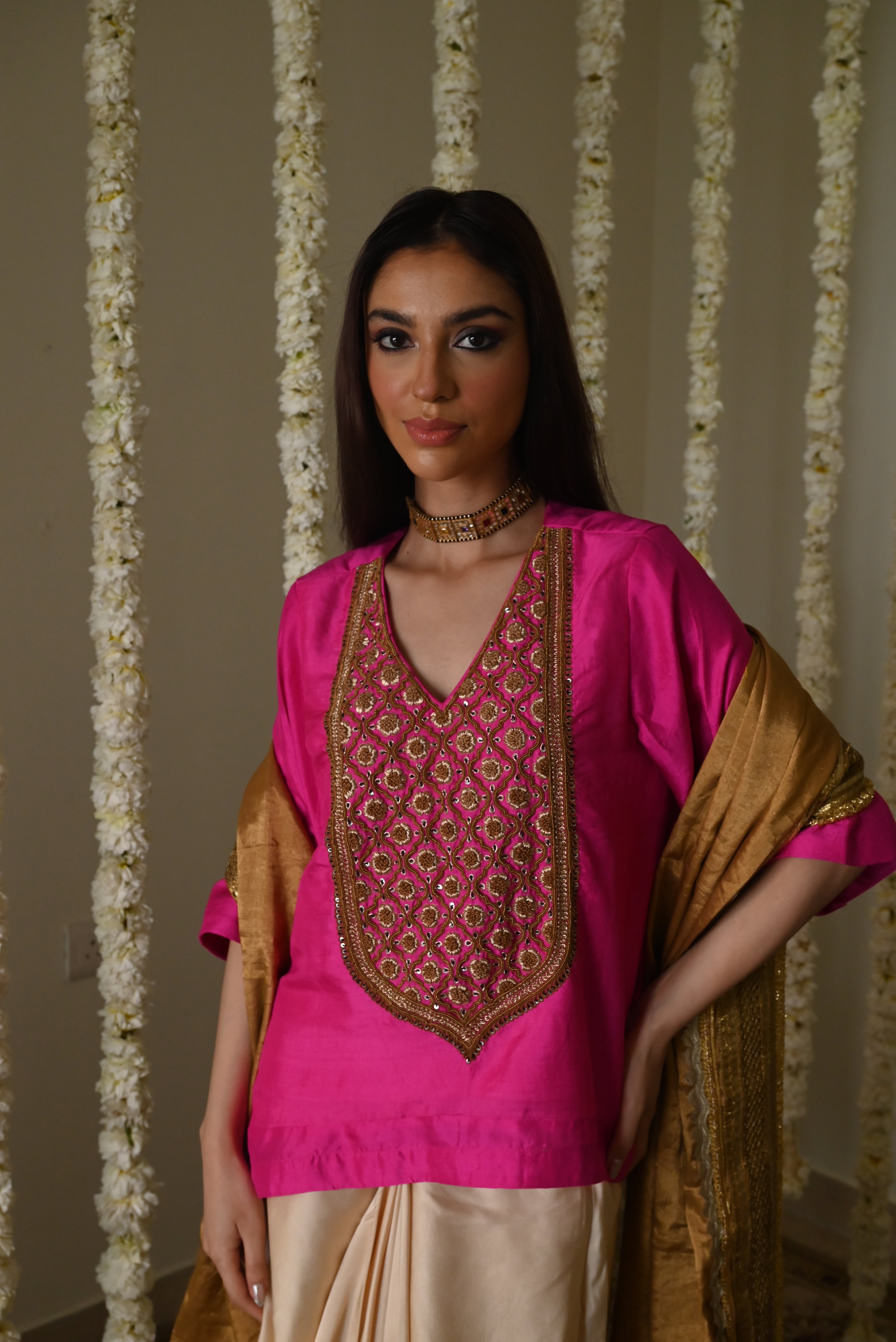 Noor Tunic in Hot Pink Silk with Deep Ivory Cowl Skirt