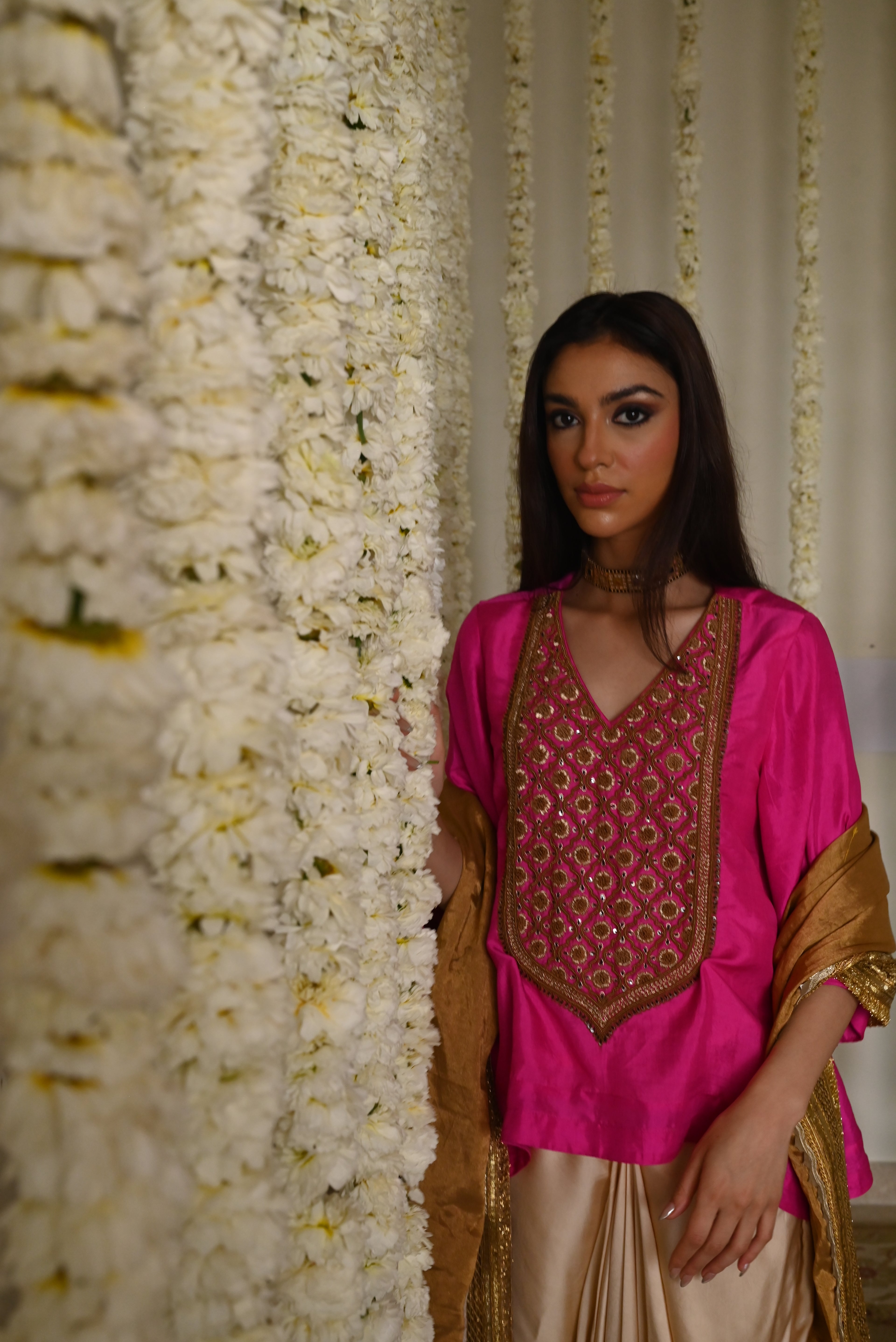 Noor Tunic in Hot Pink Silk with Deep Ivory Cowl Skirt