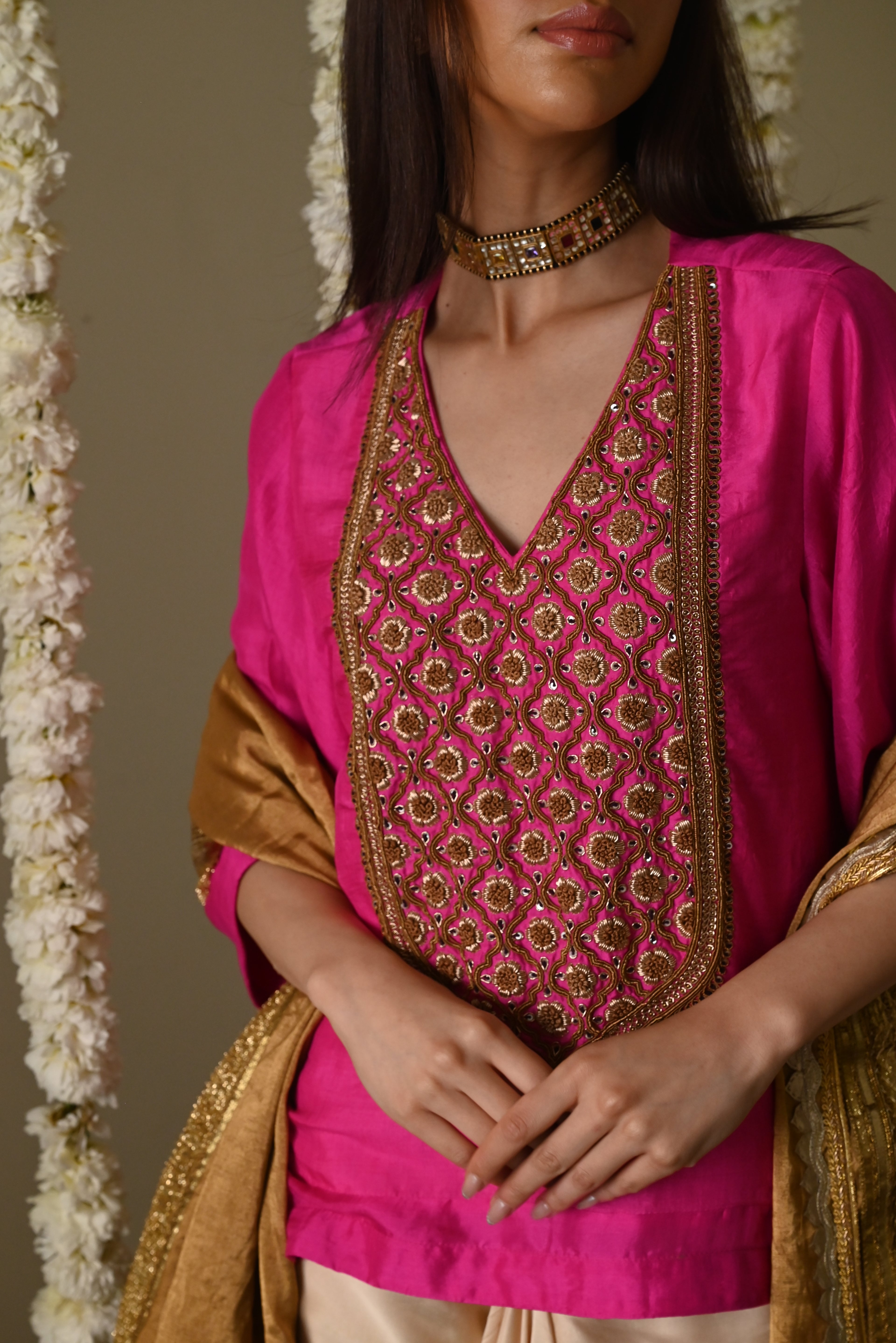 Noor Tunic in Hot Pink Silk with Deep Ivory Cowl Skirt