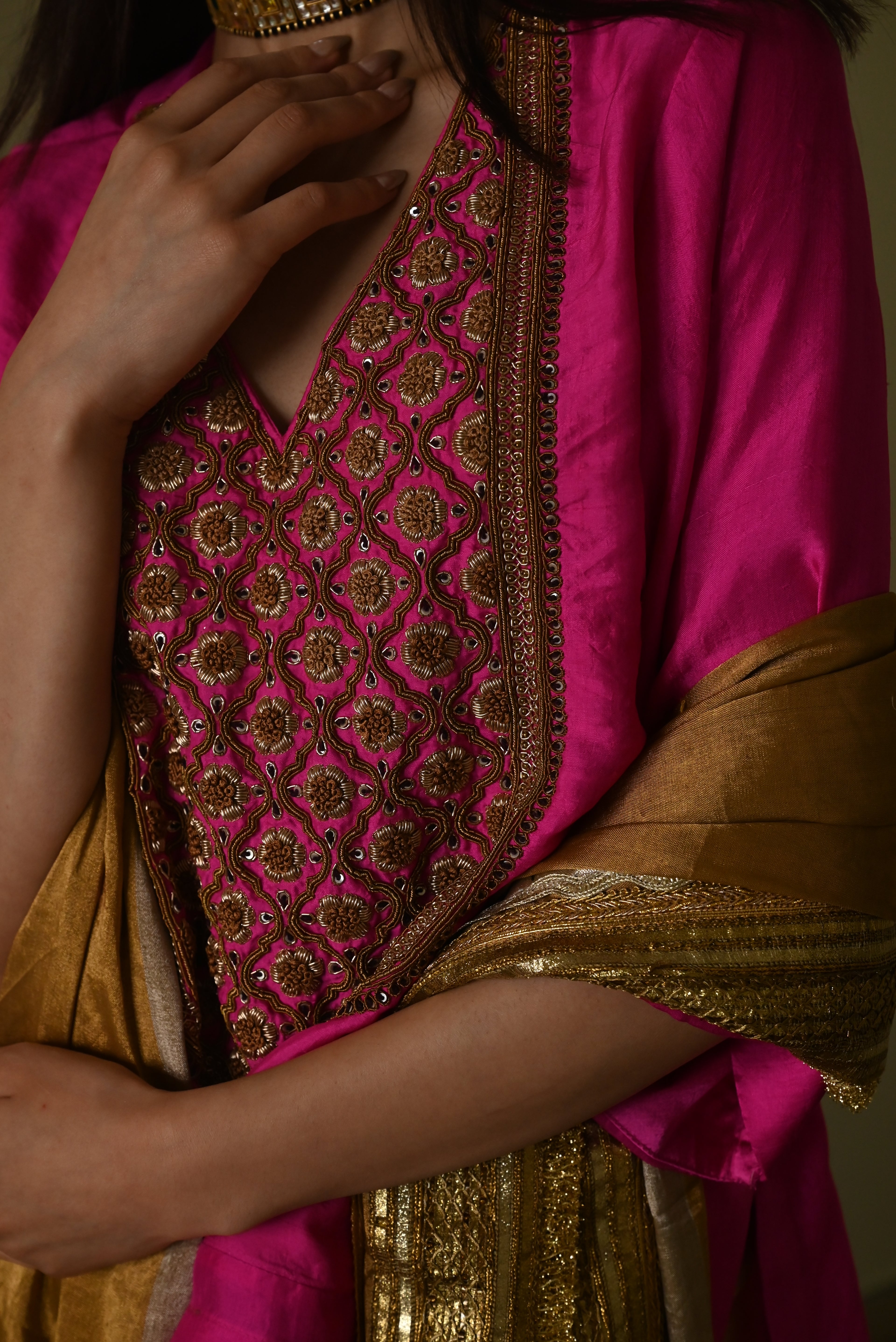 Noor Tunic in Hot Pink Silk with Deep Ivory Cowl Skirt