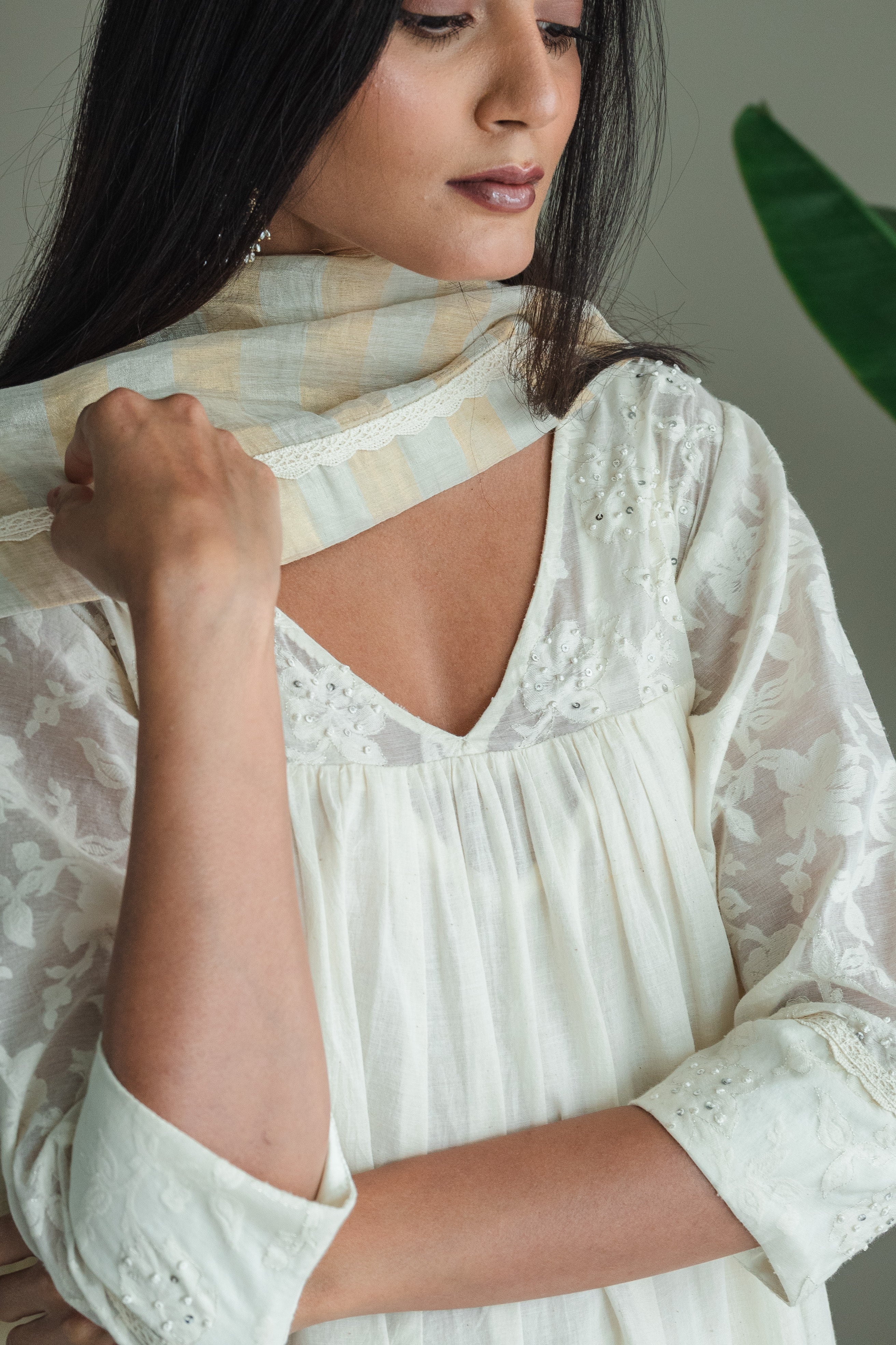 Empireline Kurta In Ivory Jacquard And Muslin With Farshi