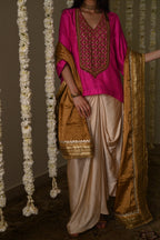 Noor Tunic in Hot Pink Silk with Deep Ivory Cowl Skirt