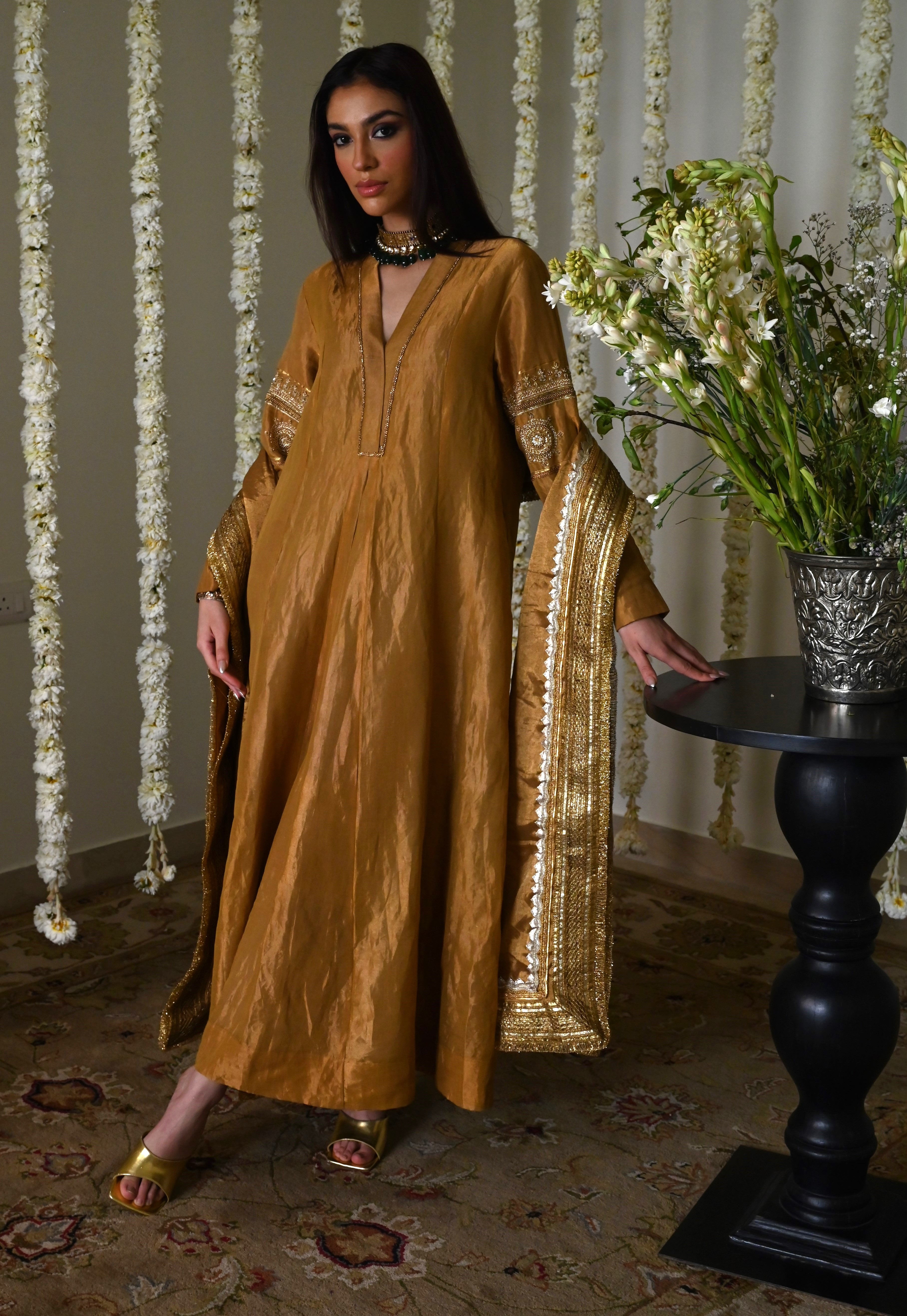 Sushma Anarkali in Antique Gold Tissue