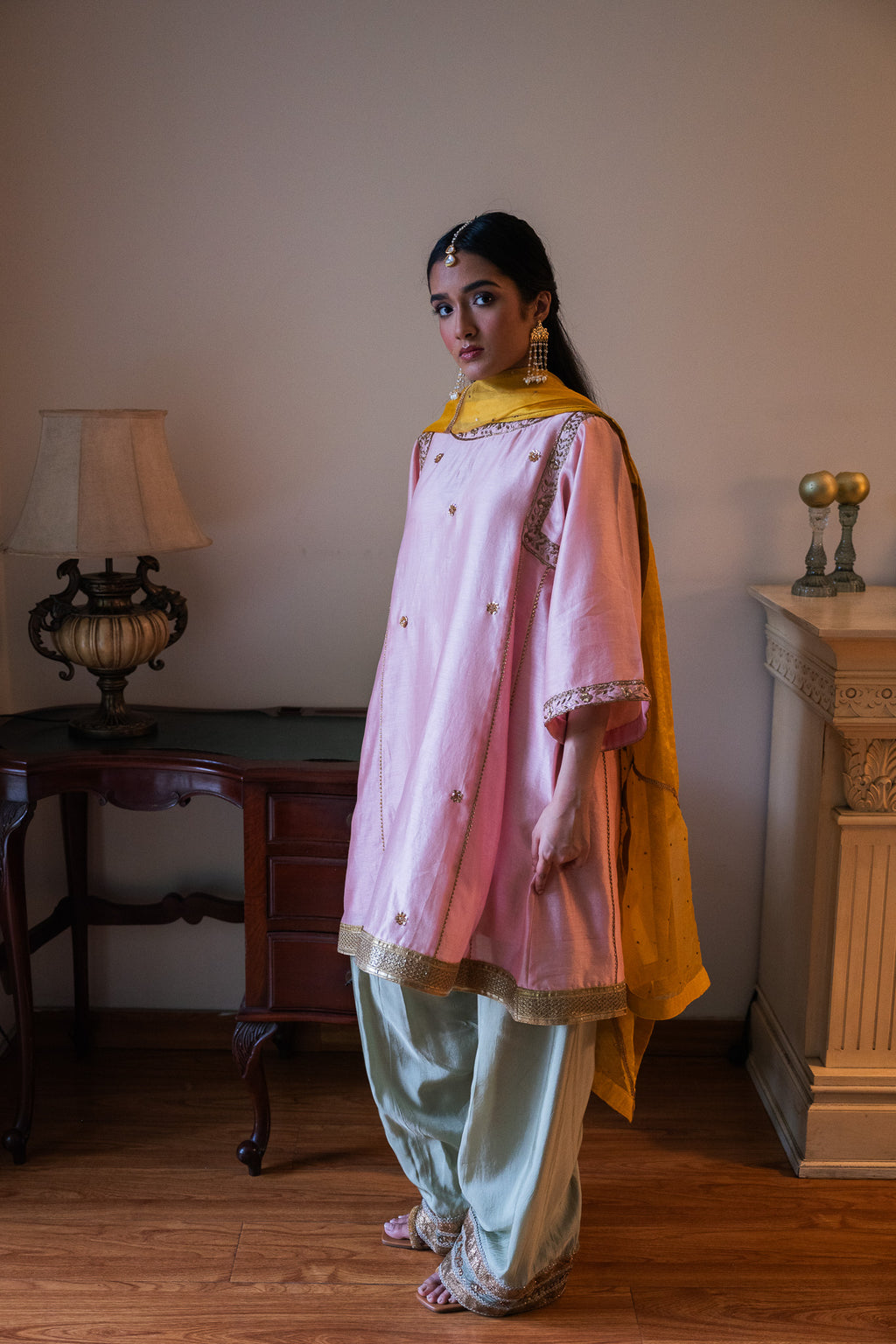 Sufi Choga in Blush Pink Chanderi with Pista Green Paki Salwar