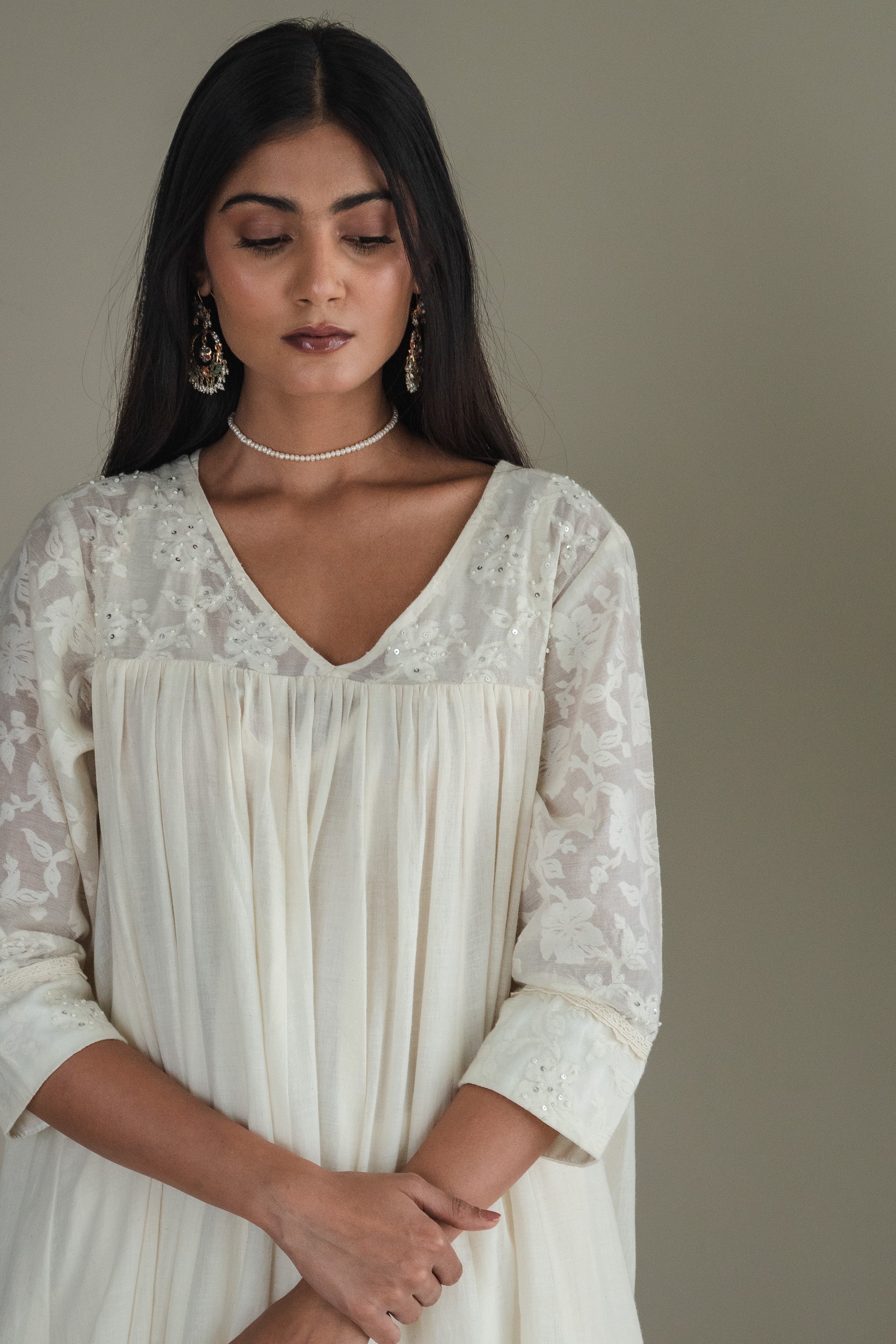 Empireline Kurta In Ivory Jacquard And Muslin With Farshi