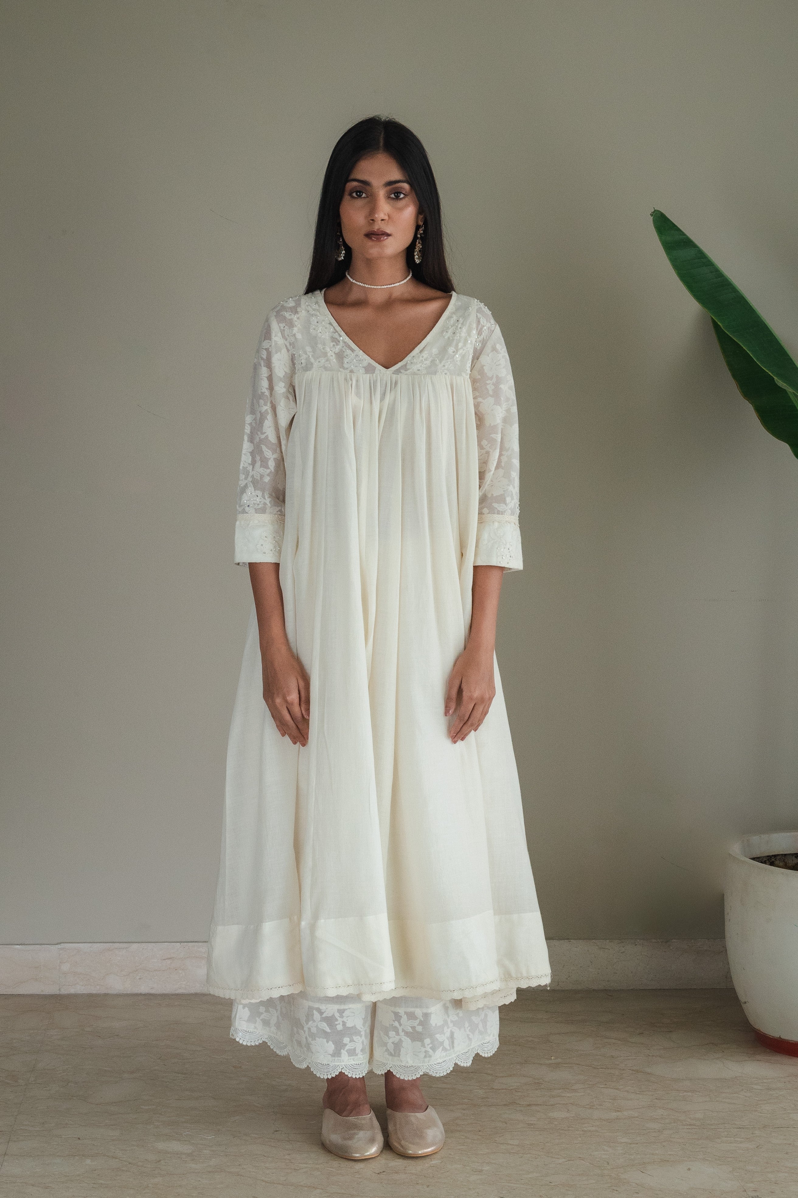 Empireline Kurta In Ivory Jacquard And Muslin With Farshi
