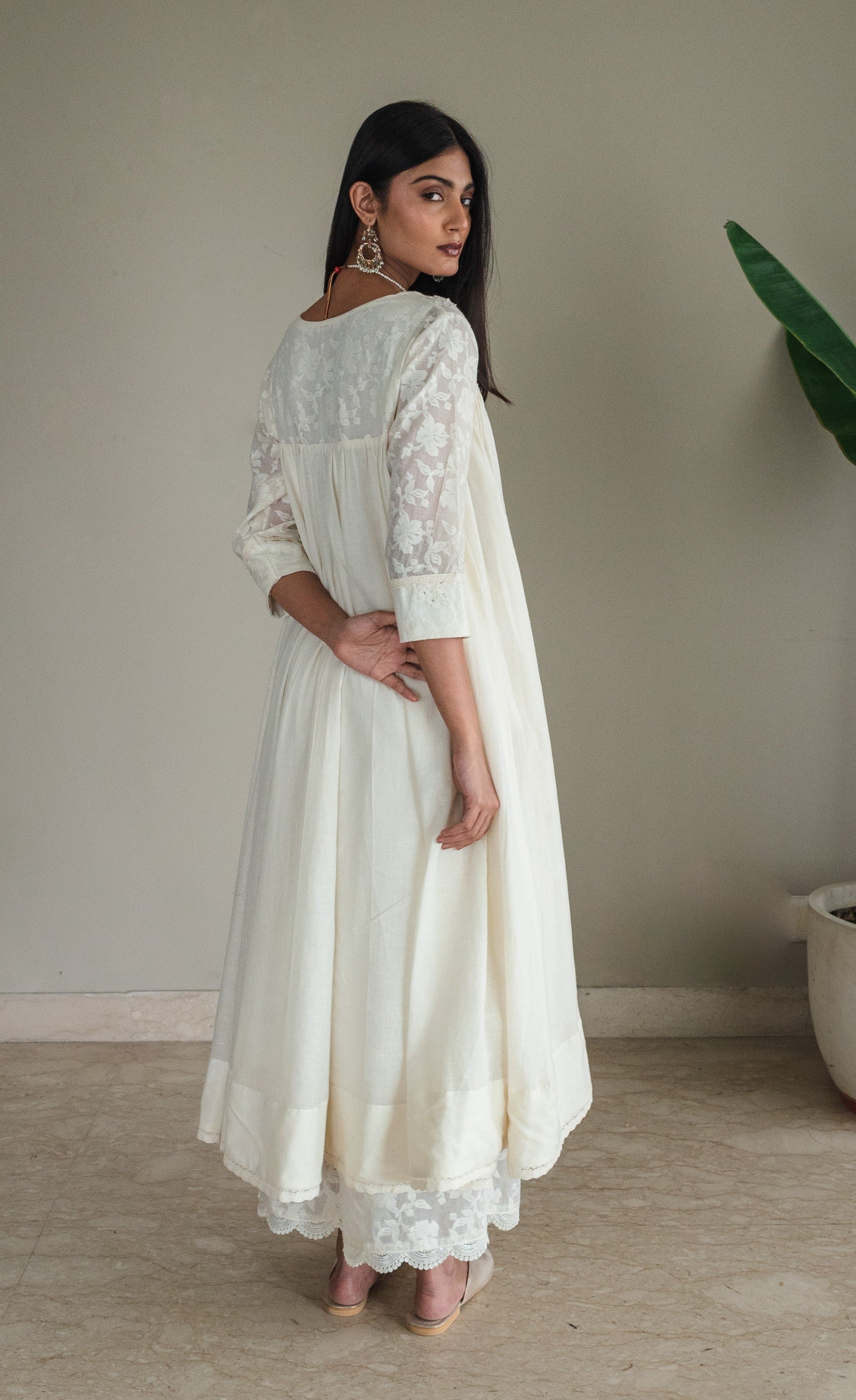 Empireline Kurta In Ivory Jacquard And Muslin With Farshi