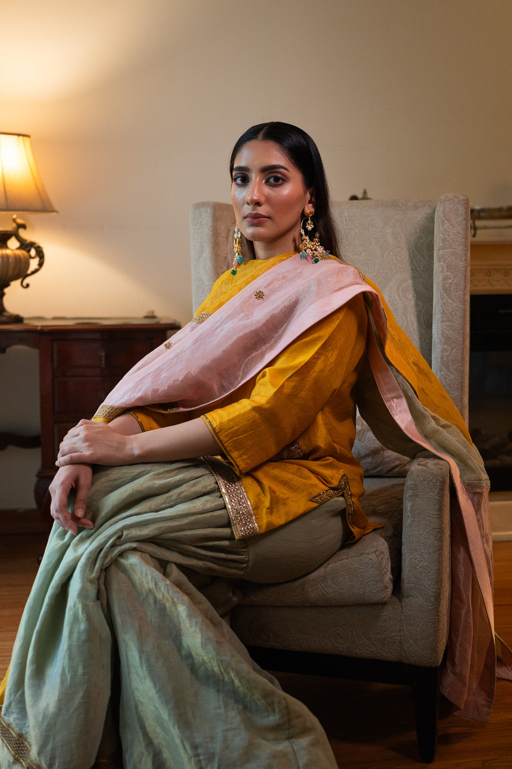 Anisha Kurta in Yellow with Pista Green Sharara