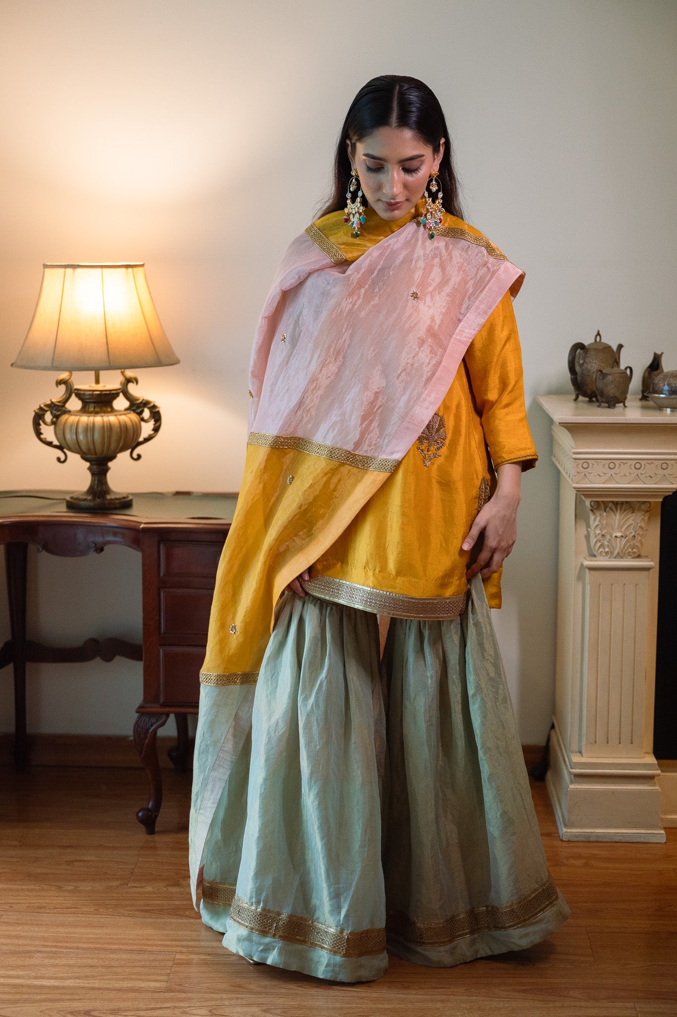 Anisha Kurta in Yellow with Pista Green Sharara