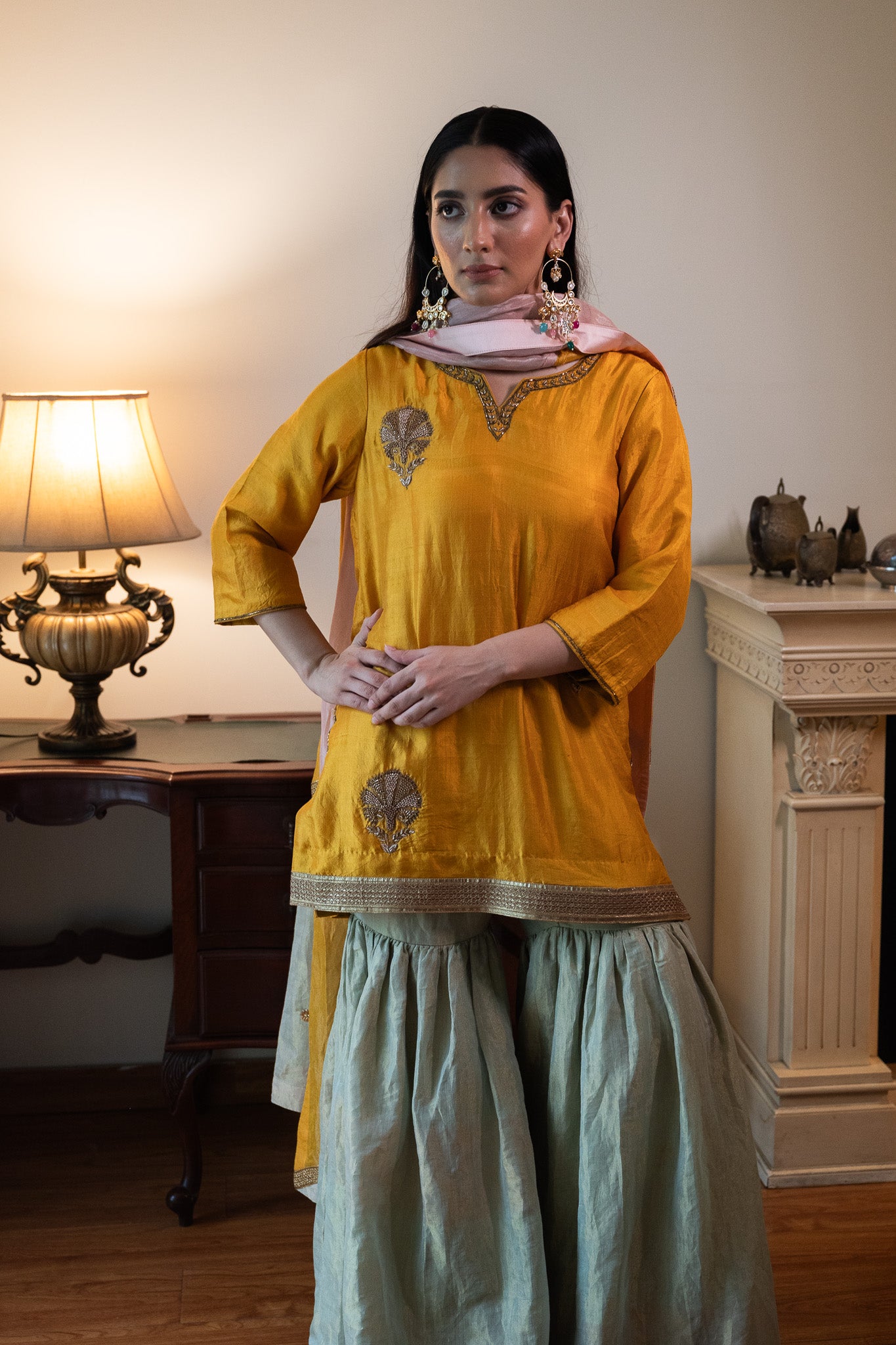 Anisha Kurta in Yellow with Pista Green Sharara