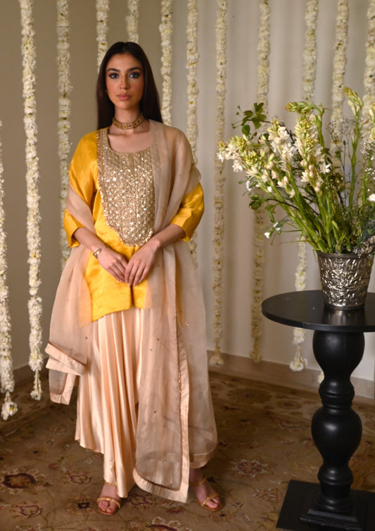 Rani Tunic in Yellow with Deep Ivory Cowl Palazzo