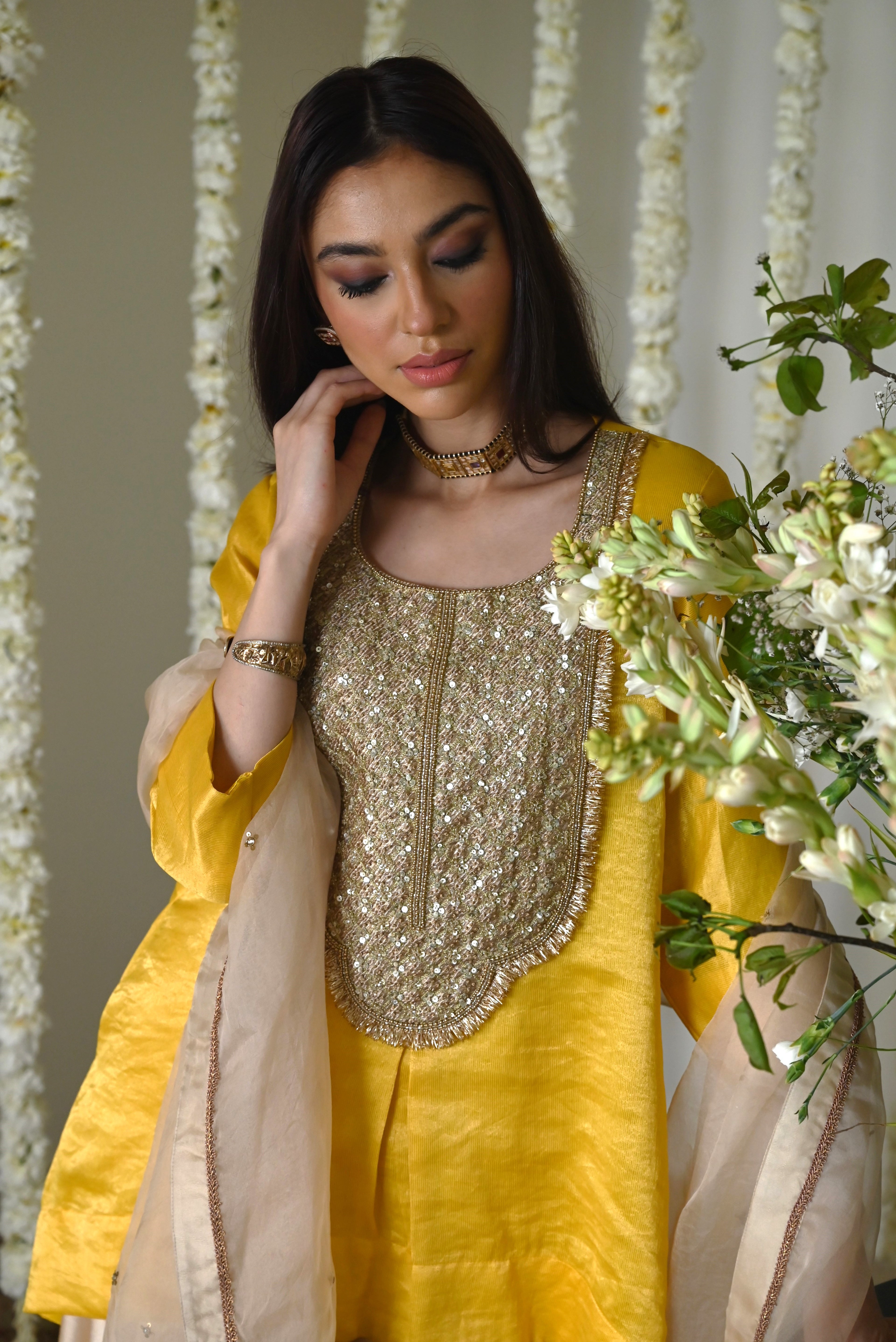Rani Tunic in Yellow with Deep Ivory Cowl Palazzo