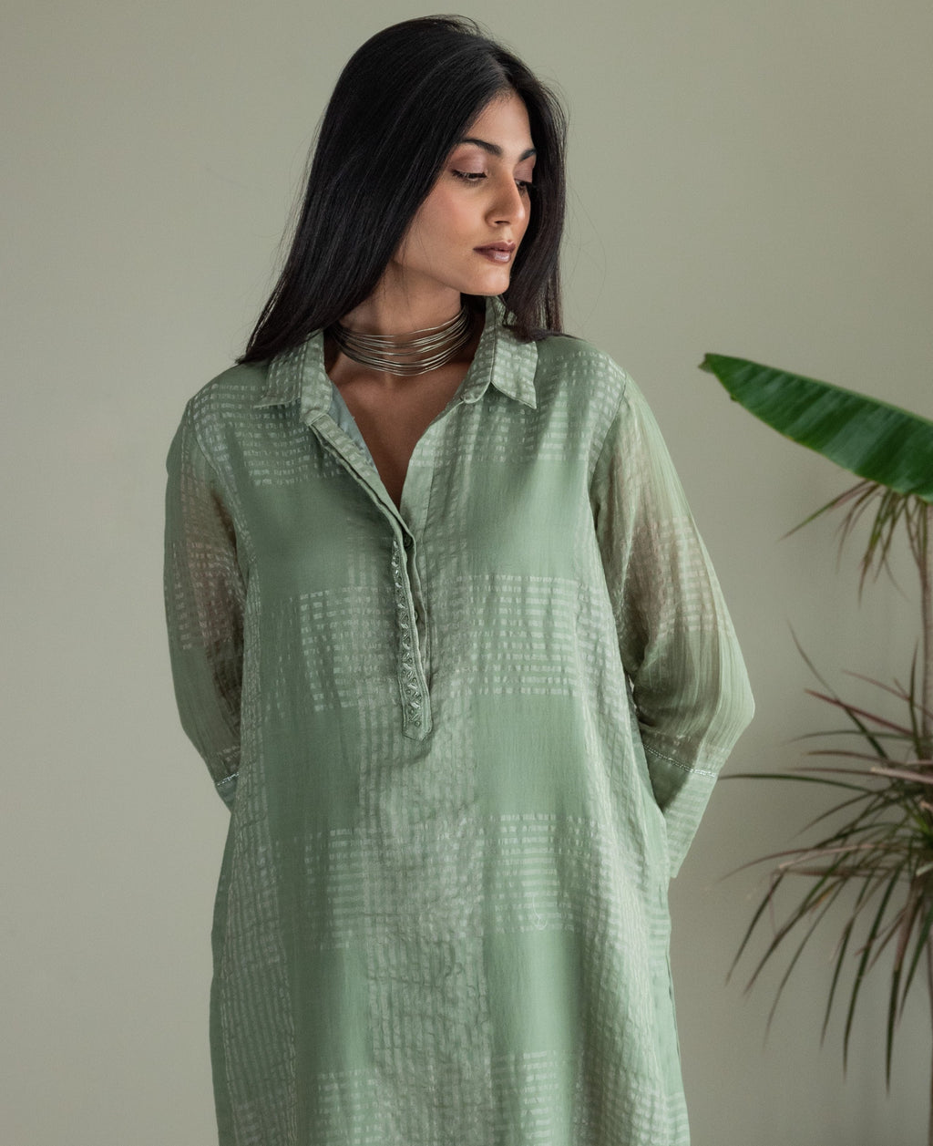 Shirt Kurta In Green Zari Jamdani Checks Muslin With Pants