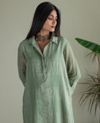 Shirt Kurta In Green Zari Jamdani Checks Muslin With Pants
