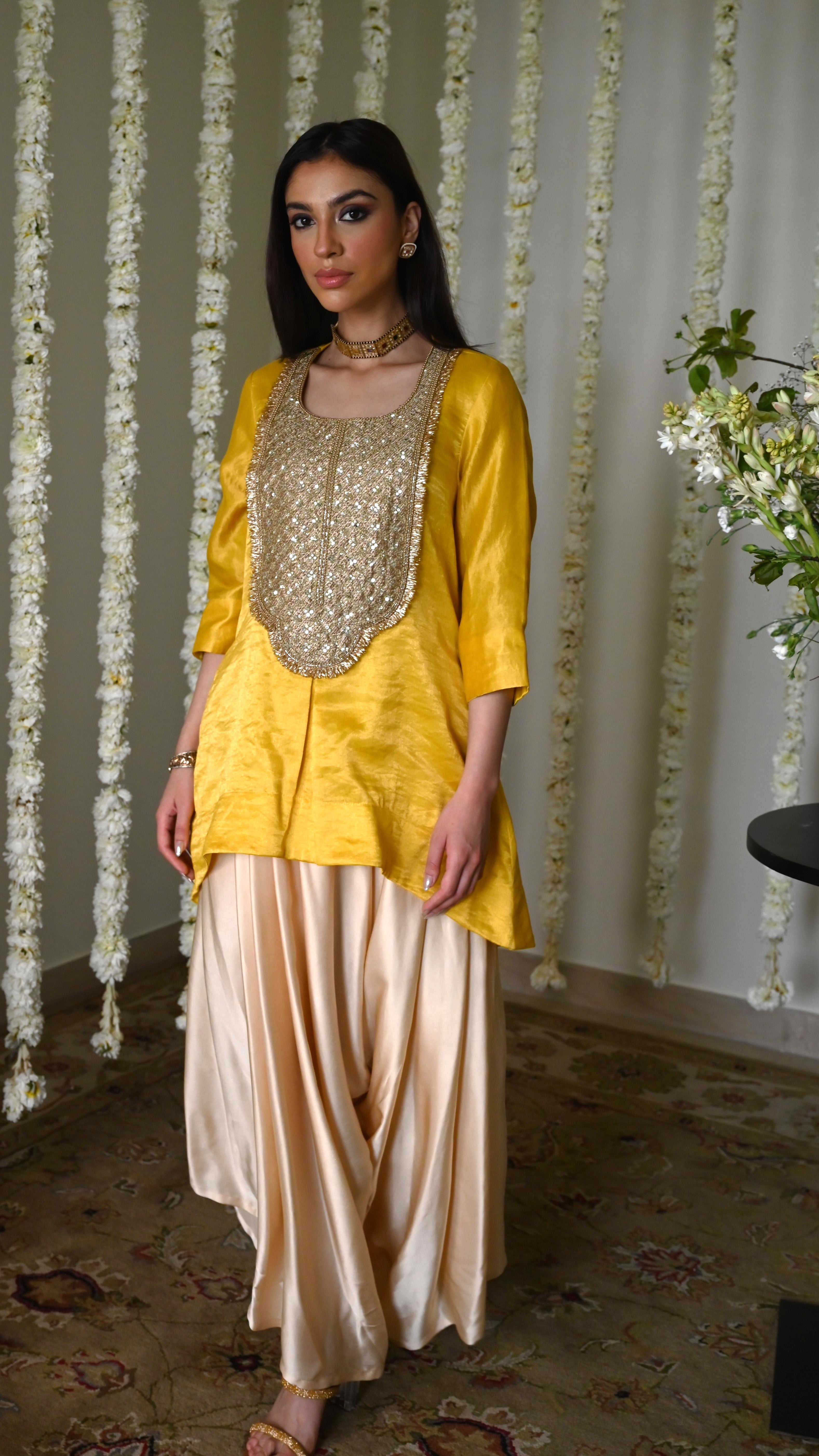 Rani Tunic in Yellow with Deep Ivory Cowl Palazzo