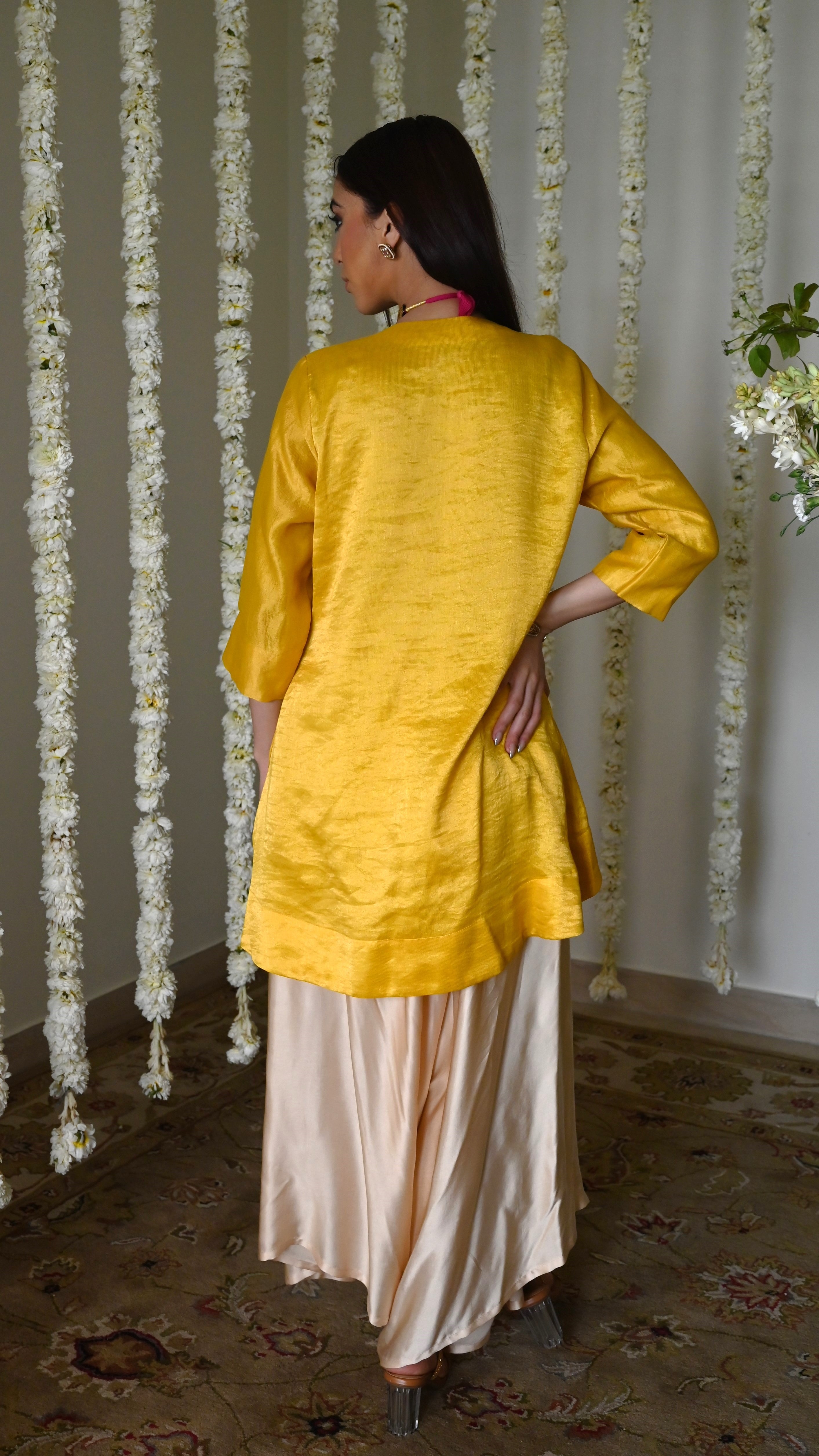 Rani Tunic in Yellow with Deep Ivory Cowl Palazzo