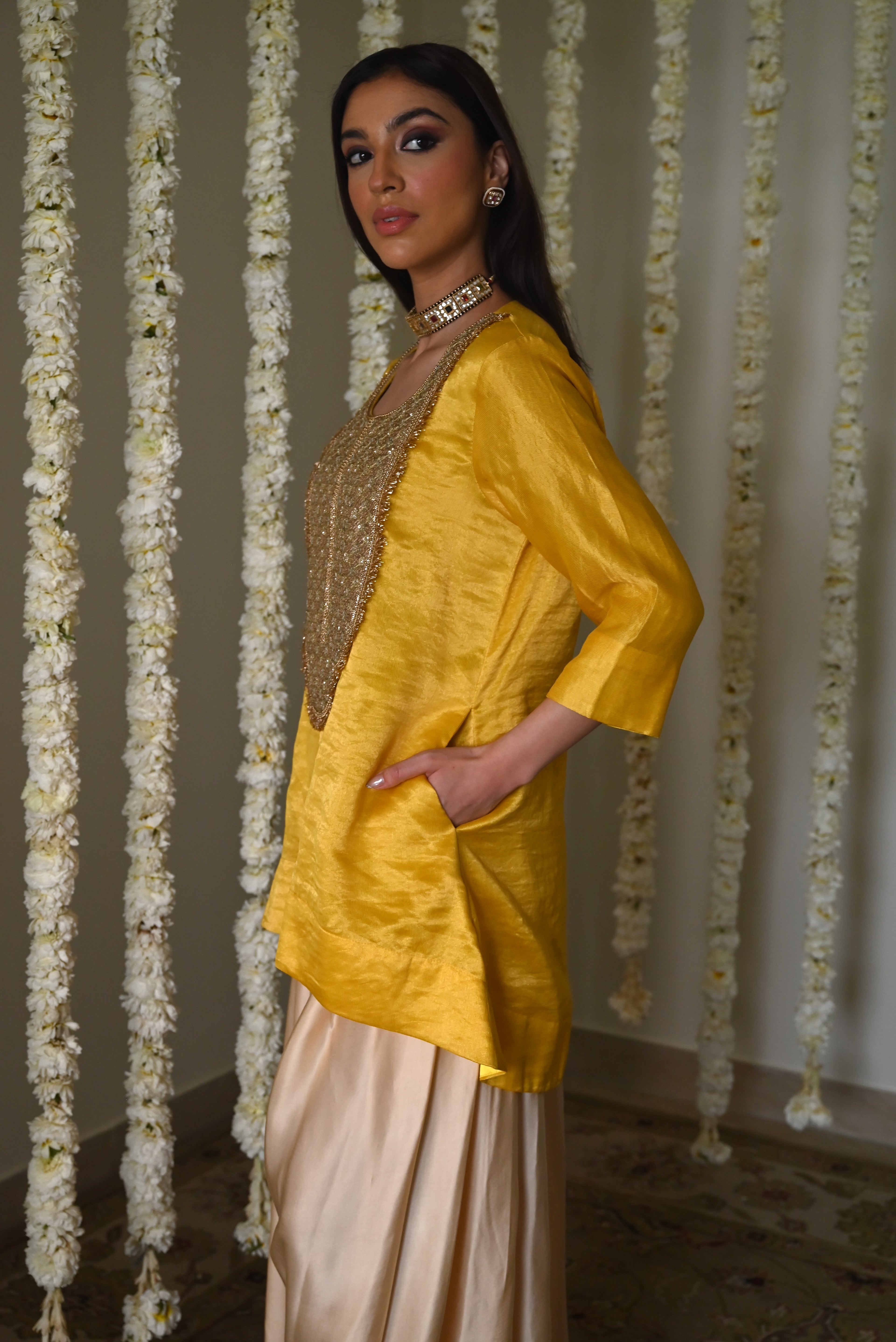 Rani Tunic in Yellow with Deep Ivory Cowl Palazzo