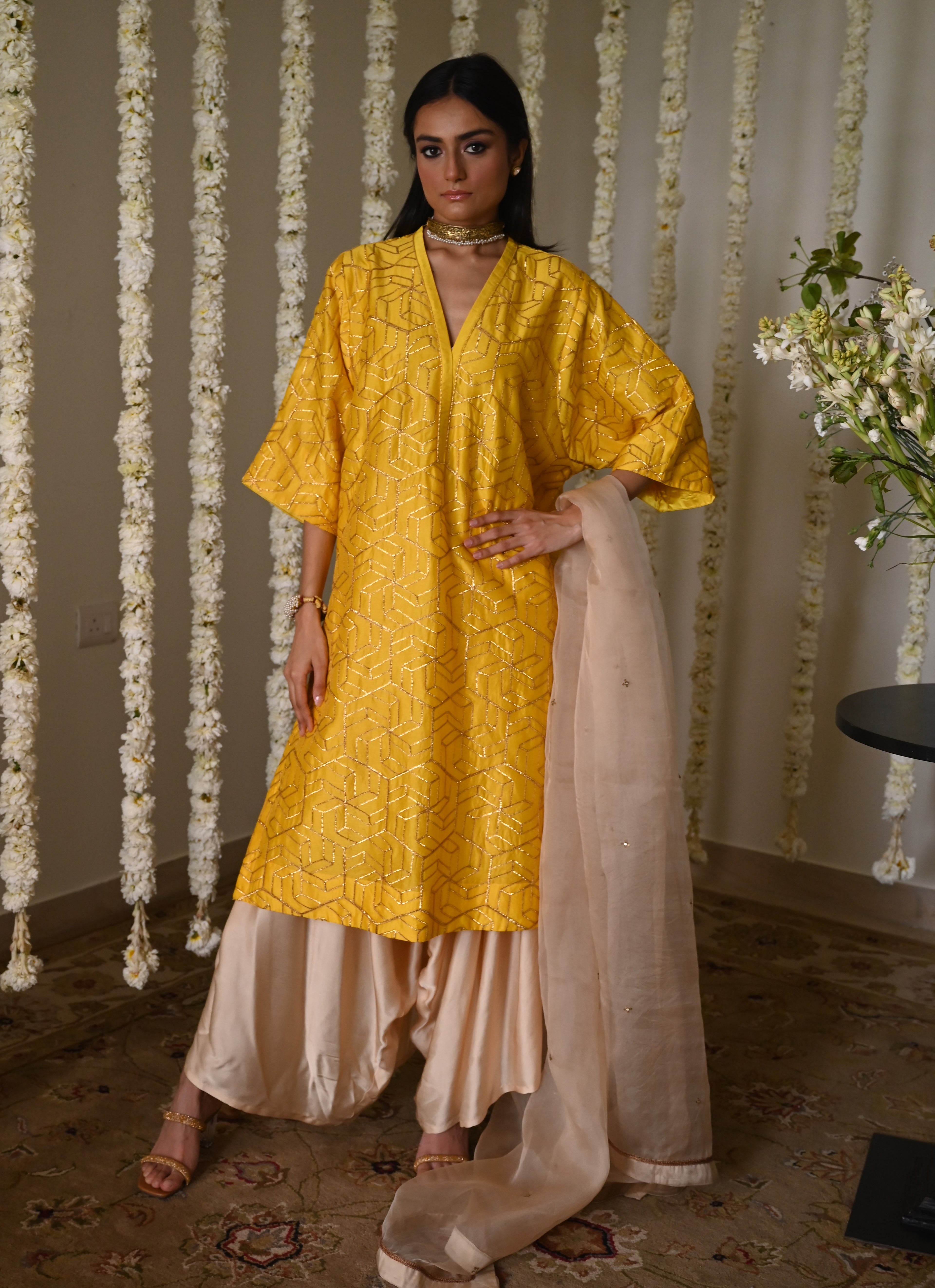 Jodhpur Kaftan in Yellow Octa with Cowl Palazzo